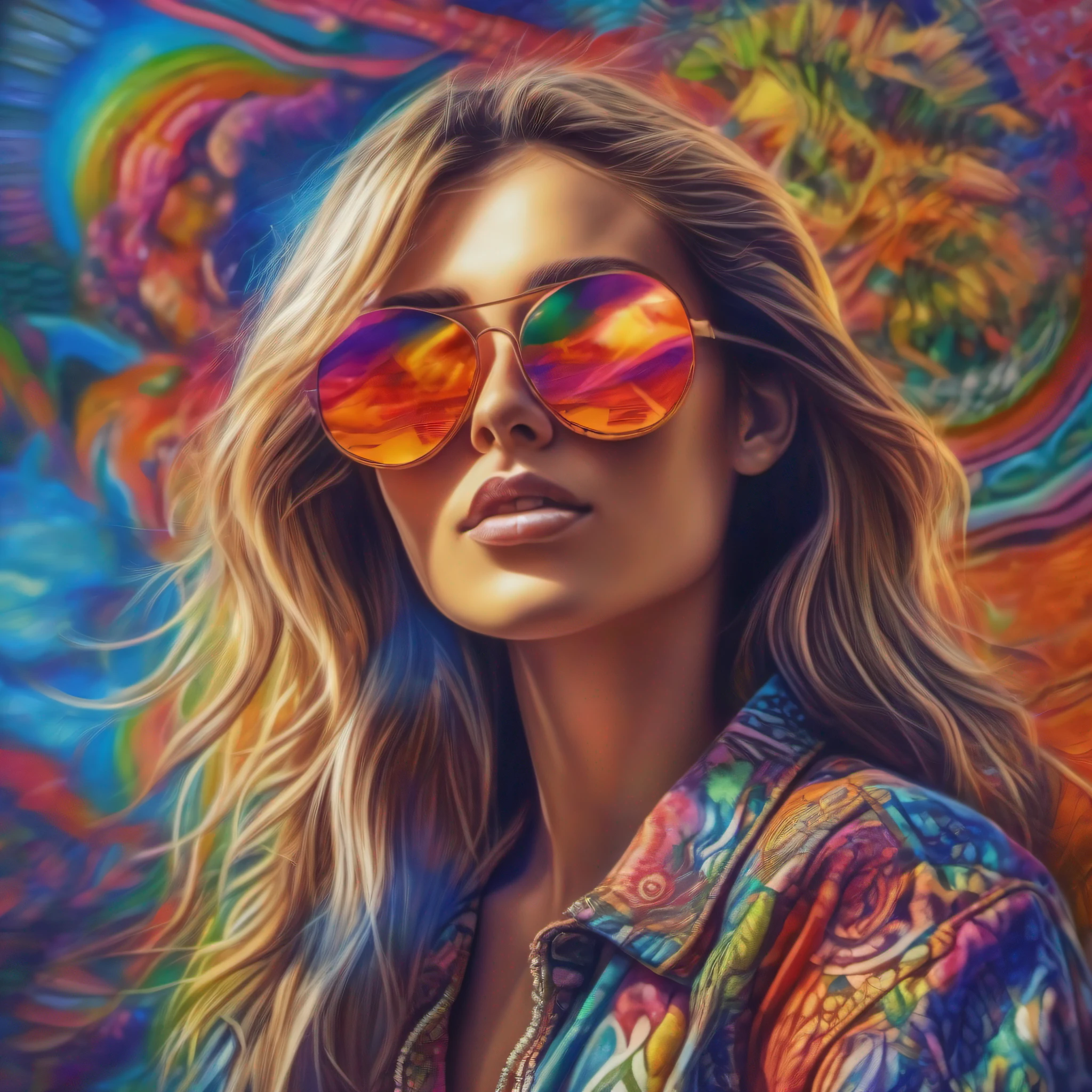 An abstract airbrush painting that features a beautiful girl wearing a sunglass. Award winning painting and is a best example of psychedallic art. In the style of Creg Hildrebrandt, has created an intricate and detailed digital painting with a groovy appearance.   Highly professional photography, realistic photo. HDR, UHD 32k. --AR 16:9, --v 5.2