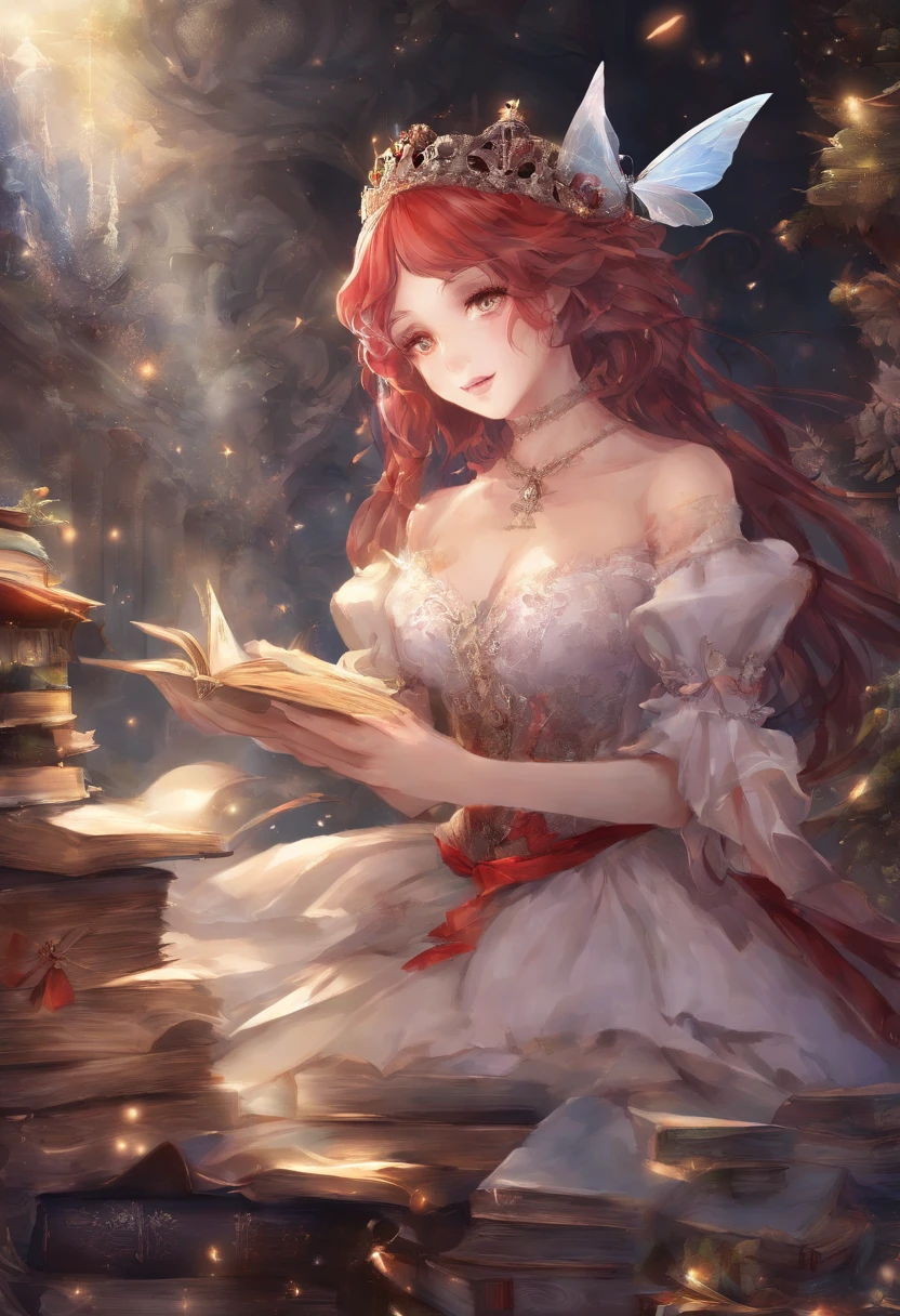 ((Masterpiece,Best quality))1girll, Solo, bookshelf, pile of books, Suzuno, Indoors, hair adornments, Yuina, Red eyes,