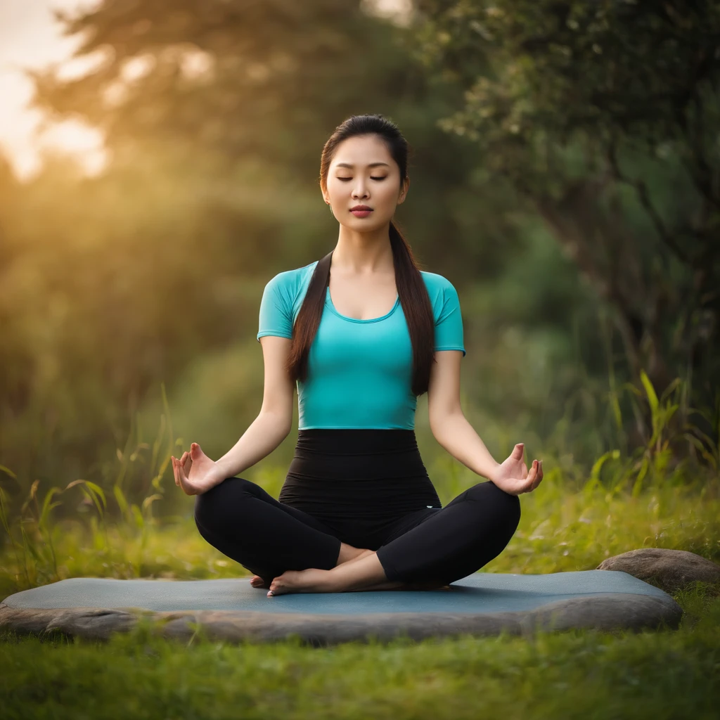 a chinese and beautiful women,Wear yoga clothing,Sit on a stone and meditate, at centre,cosmic energy,Particle light,Bright colors,