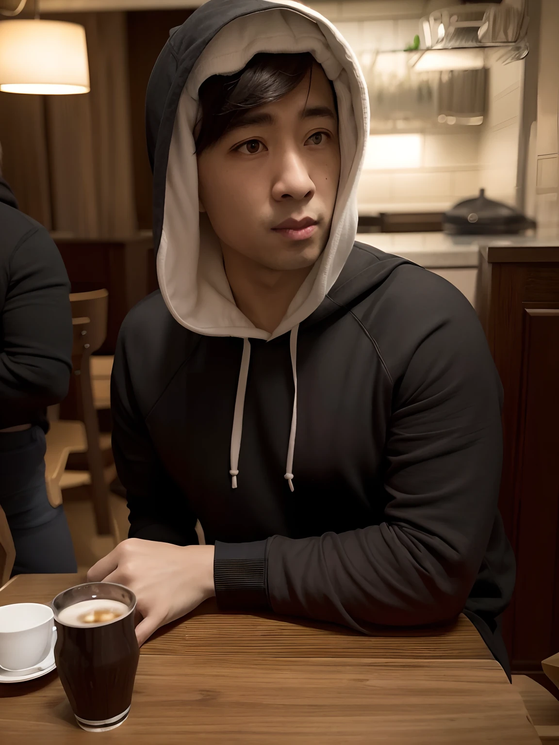 there is a man sitting at a table wearing hoodie, with neutral face expression, with accurate face, realistic, hyper realistic, 8k