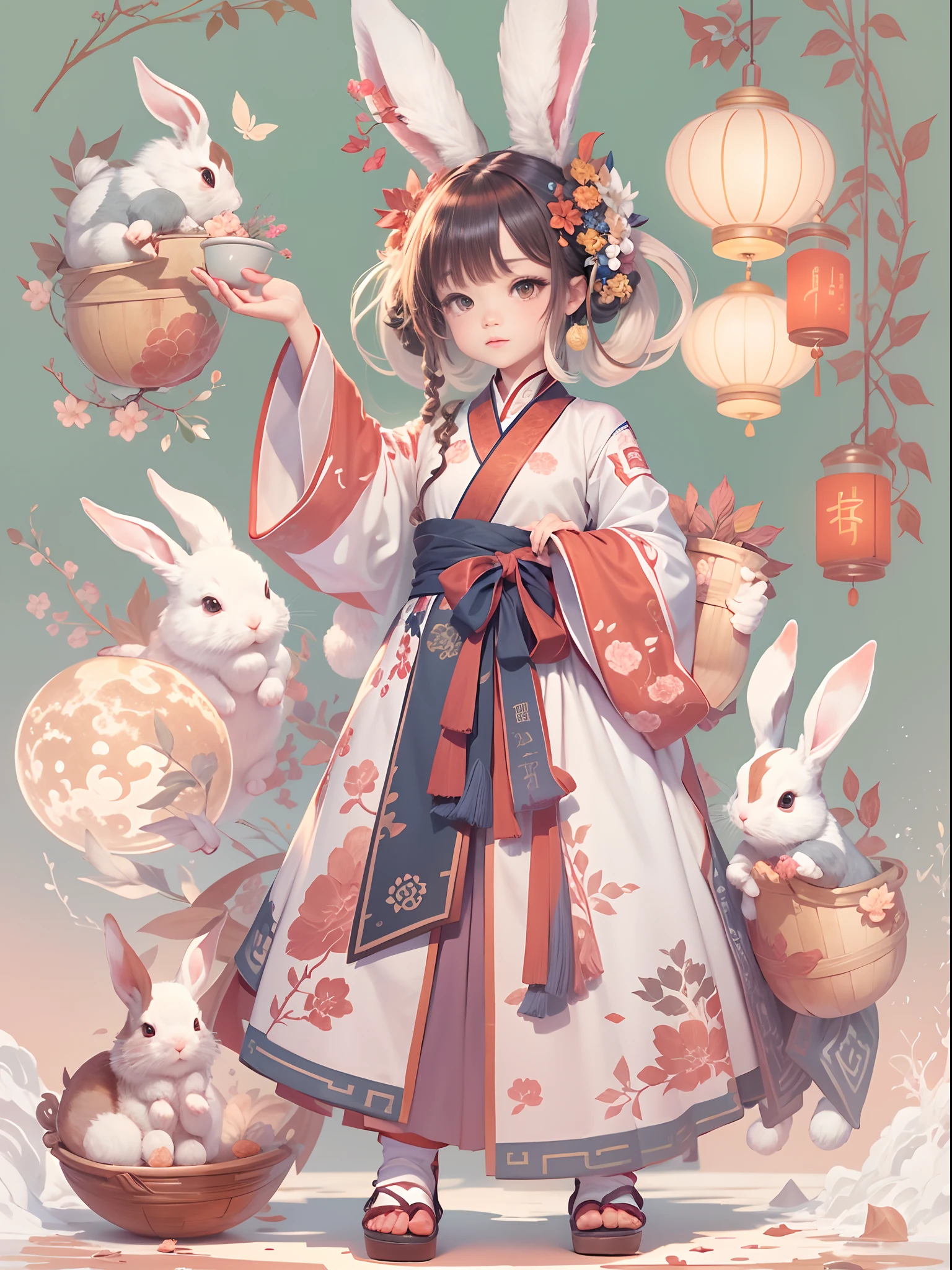 (personification:1.4),(full body shot of),(China - 1 cute rabbit,Hanfu,standing on two feet,moon full,Mid-Autumn Festival,sweet osmanthus,Oriental elements),(Chinese - chic illustration:1.5,Vector painting:1.5),(Chinese colors,senior color matching,gradient backgrounds,white backgrounid),(The is very detailed,Reasonable design,Clear lines,High clarity,The best quality,tmasterpiece,offcial art,movie light effect,8K)