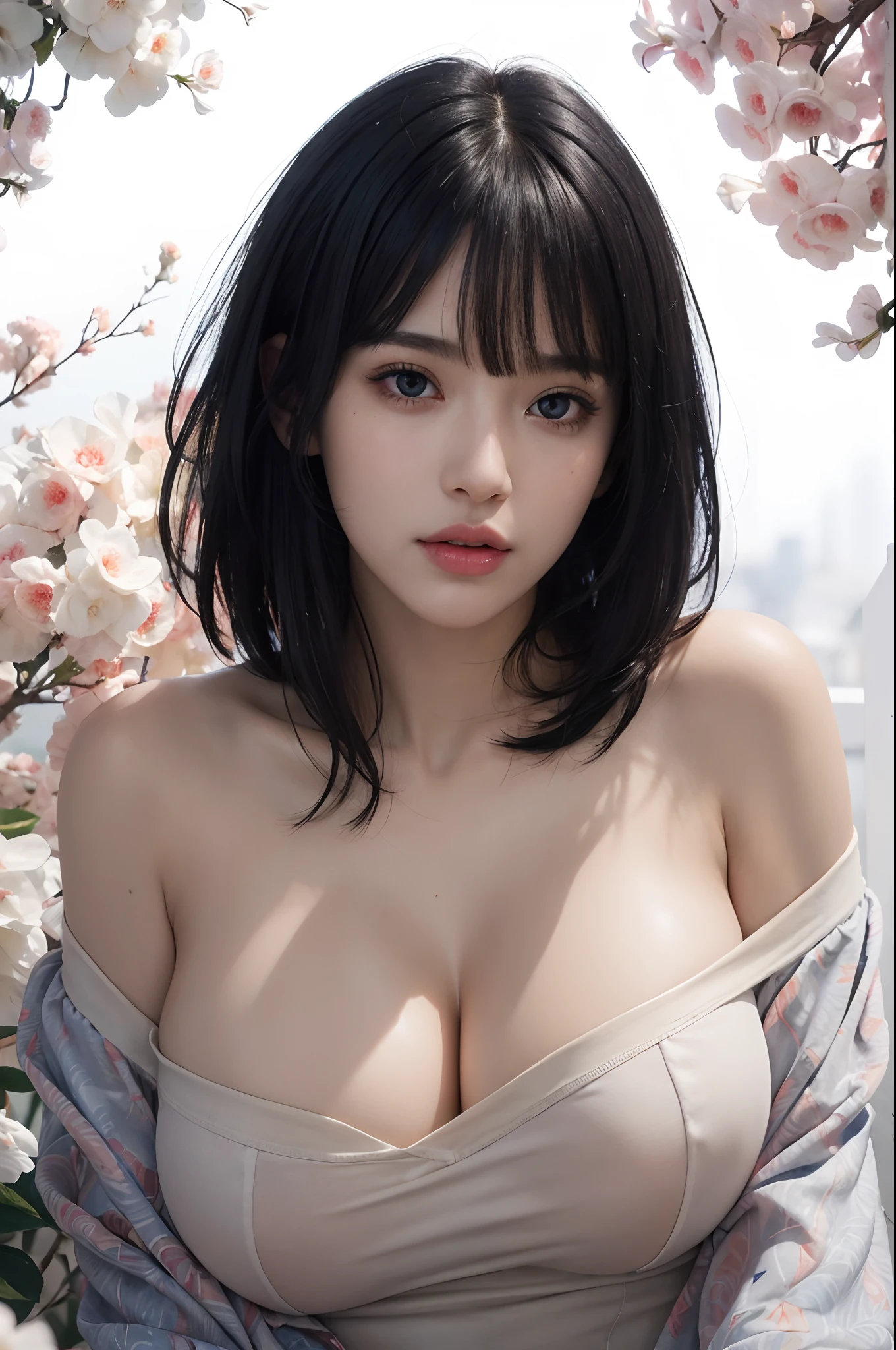 best quality, masterpiece, (photorealistic:1.4), 1girl, raw, ultra hd, dramatical light, glowing skin, big boobs, short straight black hair, bangs, light blueveyes color