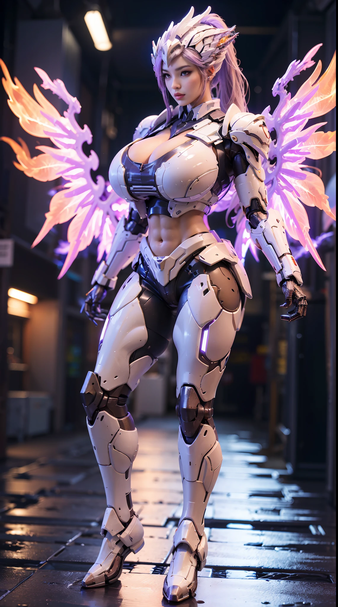 HUGE FAKE BOOBS, PONYTAIL, (BEAUTY PURPLE, WHITE), SEXY MECHA ARMOR, (CROP TOP), FUTURISTIC MECHA SUIT, (CLEAVAGE), ((LARGEST MECHANICAL PHOENIX BOTH WINGS)), (TALL LEGS), (STANDING), SEXY BODY, MUSCLE ABS, UHD, 8K, 1080P.