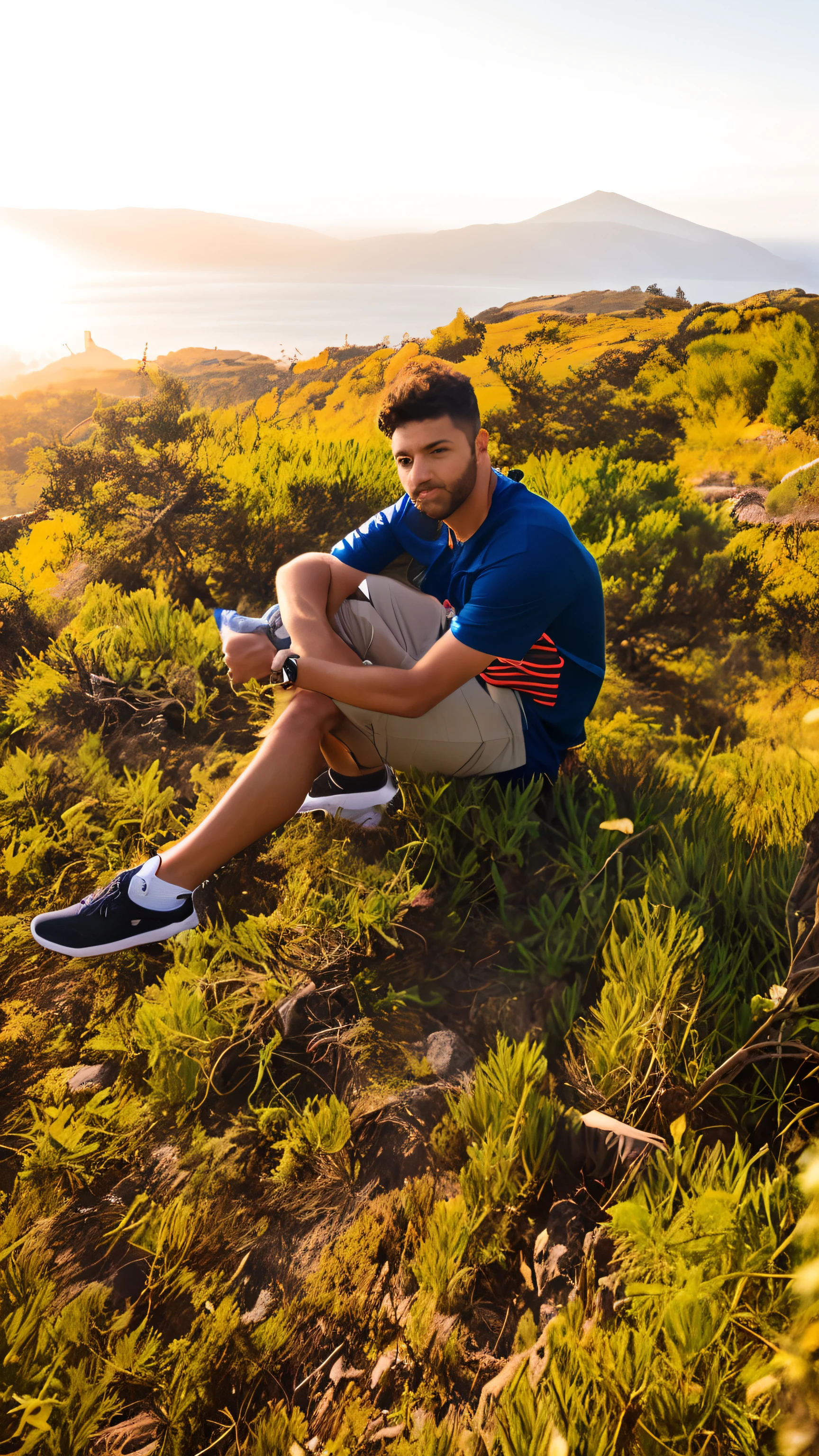 A man sitting on a hill with a view of the ocean, casual photography, sitting on the ground, casual pose, with a cool pose, photo portrait,sunlight, beautiful view and mountain, accurate face, realistic, hyper realistic, 8k