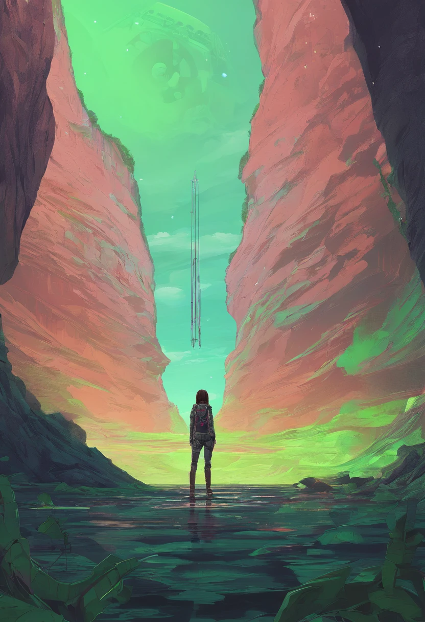 Canyon Ruins Taizhou Pickaxe Explorer Explorer's Clothes Hair Green Adult Woman Short Hair Ruins Big Lake Absurdity Big Sky Vast Nature