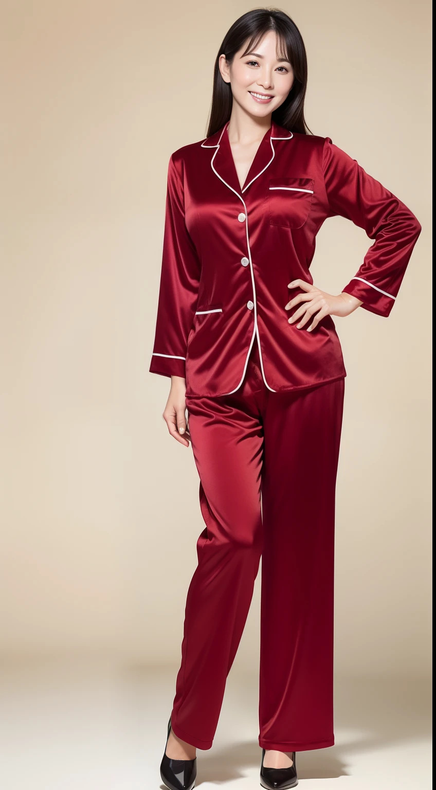 Masterpiece,Best quality, (maam. clerk:1), ((Portrait:1.3)), Cross arms, Smile,Red dark V-neck pajamas temptation,Long legs,skin hyper-detail,Clear pores,in a panoramic view,Cocked buttocks,black lence stockings,Beautiful young Japanese woman over 40 years old, Perfect face, Fantastic look, (Detailed facial features), Clean and nice face