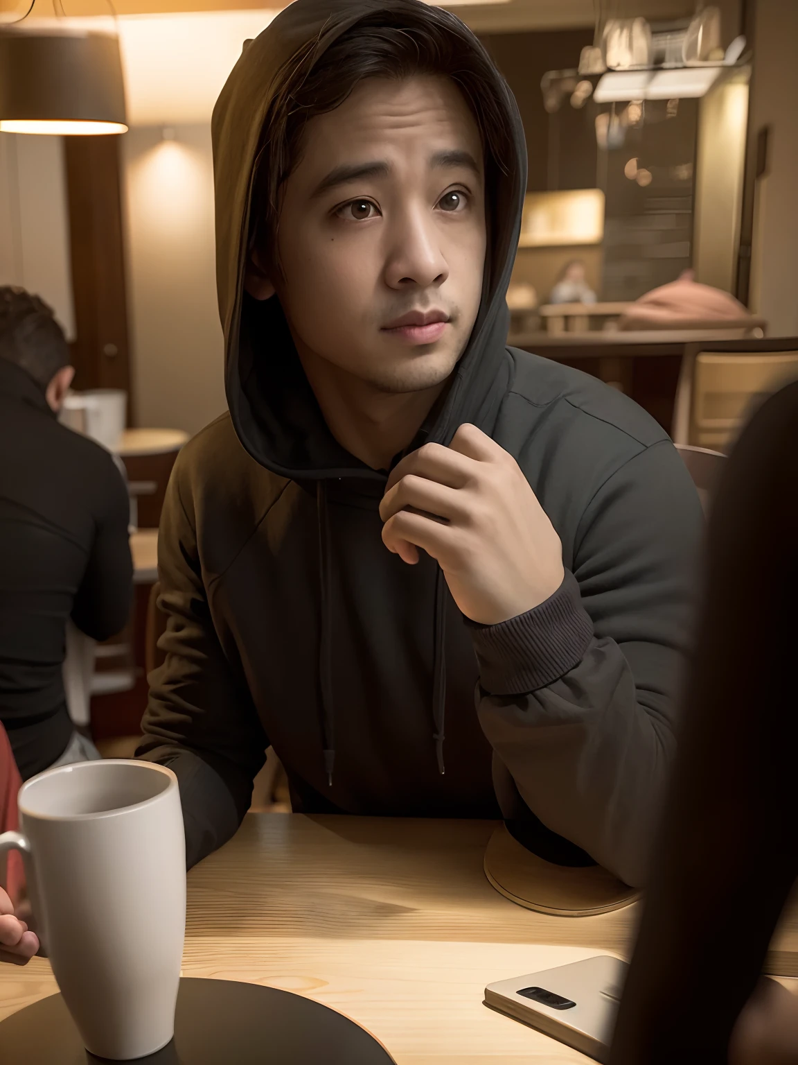 there is a man sitting at a table wearing hoodie, with neutral face expression, with accurate face, realistic, hyper realistic, 8k