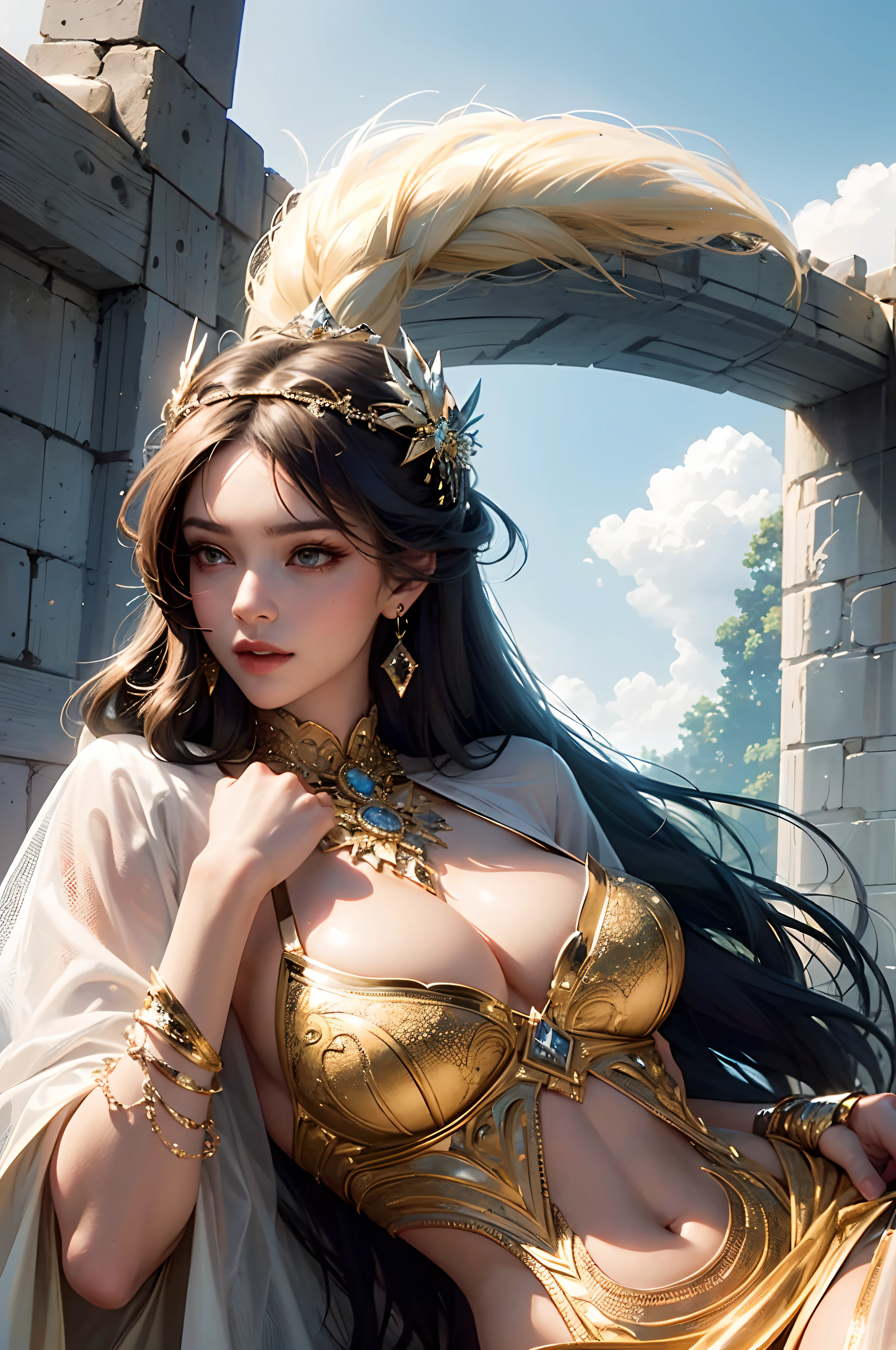 (Best quality,4K,8K,A high resolution,Masterpiece:1.2),Ultra-detailed,(Realistic,Photorealistic,photo-realistic:1.37),Gorgeous girl,Perfect figure,Tight abs,Detailed face,beautiful double eyelid,Elegant hair accessories,Wearing a veil,Stunning robes,showing waist,Arm out,striking appearance,Magic surrounds，Bizarre landscape，Bright light，Details are lit up，18 years old