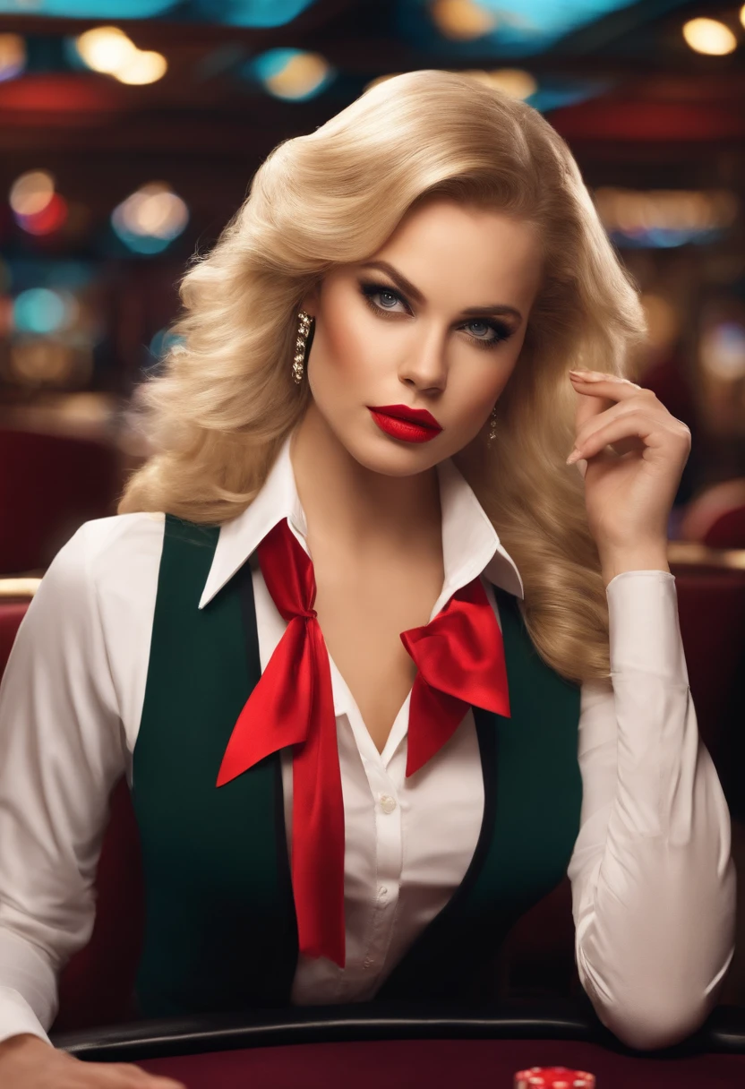 gals,Casino,a blond,dealer,Sense of cleanliness,wearing a vest,Wearing long sleeves,Wear a bow tie,Facing this way,femele,in her 20s,Mouth is open