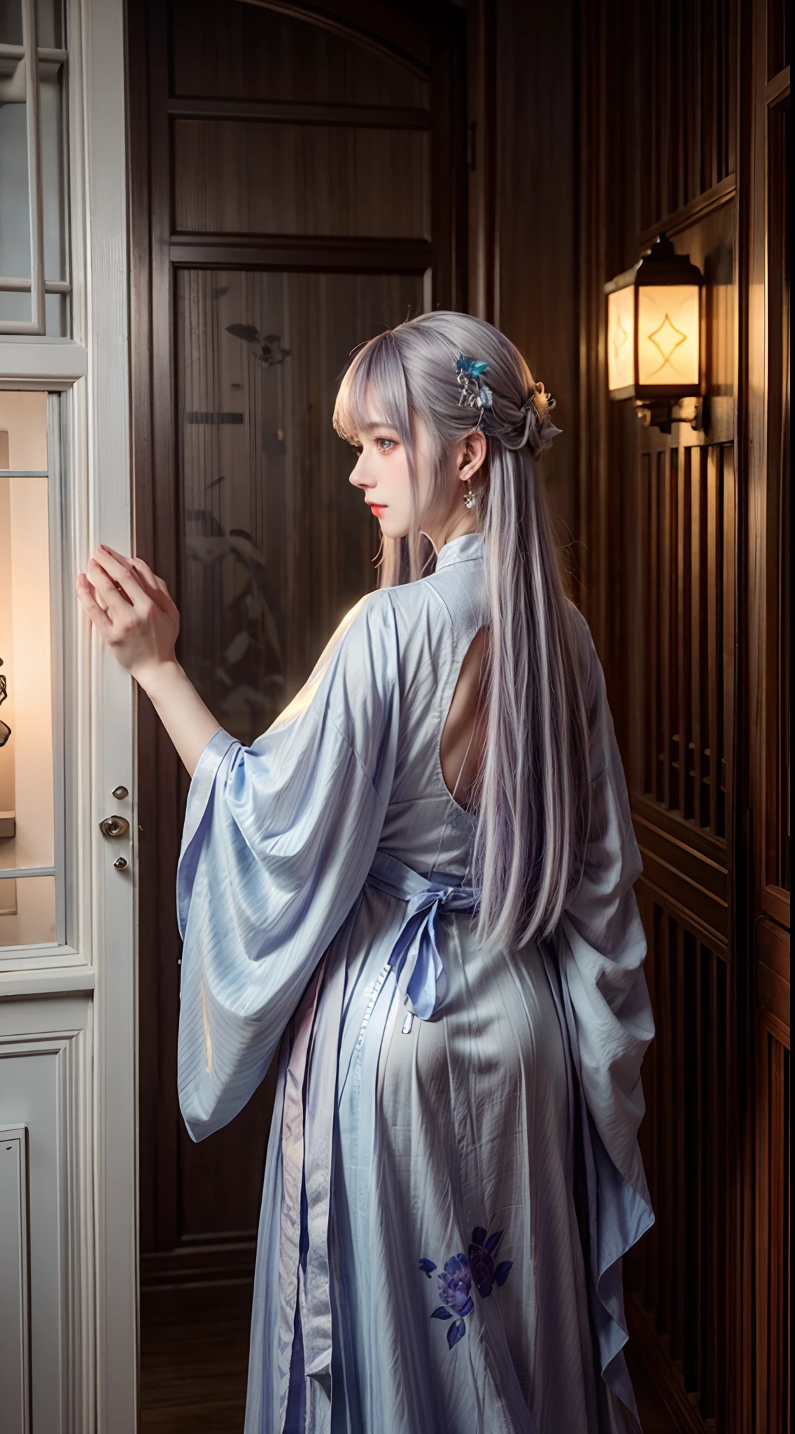 Long lavender hair,bell,pale blue color eyes,Red floral tattoo,Crystal earrings,Quidom,(surrealism:1.1),(Cinematic lighting:1.05),(reflective light:1.1),(Letterbox format:1.15),(profile:1.05),(From behind:1.1),超高分辨率,Masterpiece:1.2,Highly detailed