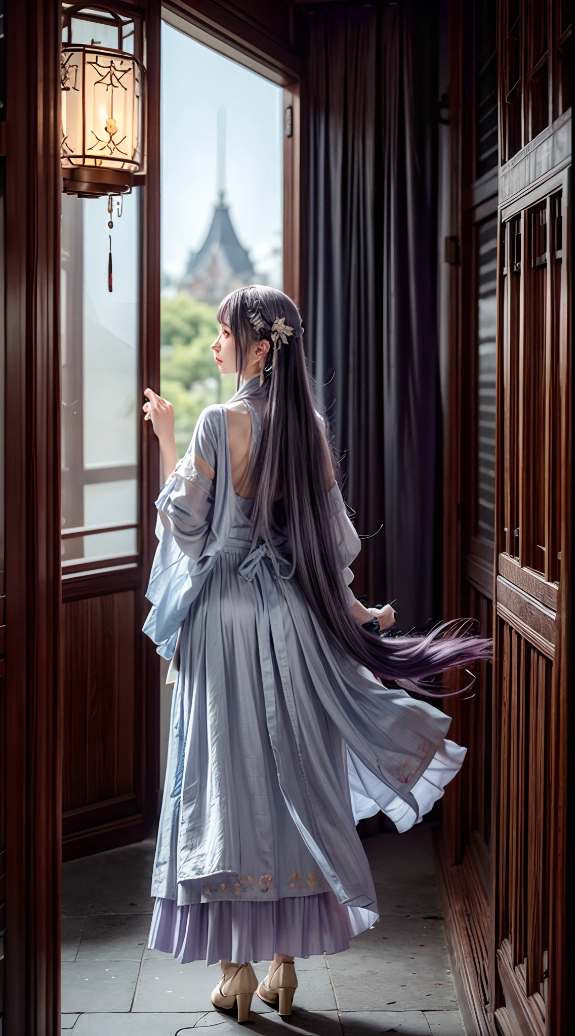 Long lavender hair,bell,pale blue color eyes,Red floral tattoo,Crystal earrings,Quidom,(surrealism:1.1),(Cinematic lighting:1.05),(reflective light:1.1),(Letterbox format:1.15),(profile:1.05),(From behind:1.1),超高分辨率,Masterpiece:1.2,Highly detailed