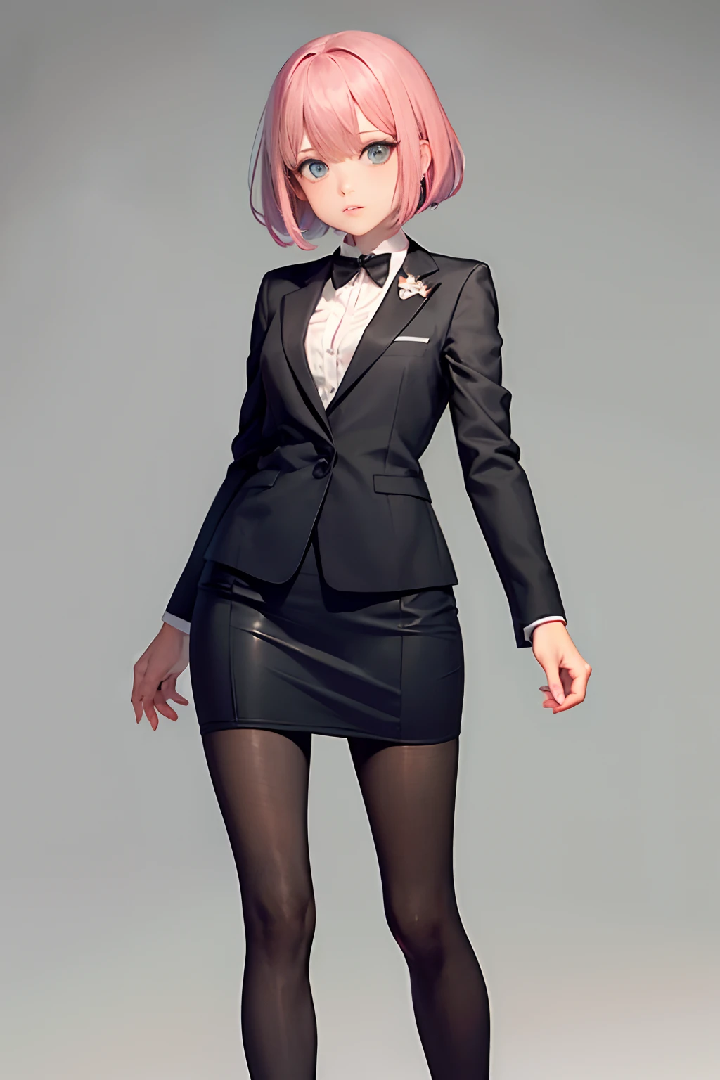 formal suit, pencil skirts, high-heels, Blouse, pantyhose, ((In Kyoto Animation Style)), super precision, ​masterpiece, very extremely beautiful, Princess Face,, super precision, ​masterpiece, very extremely beautiful, femele, Only one person, A pink-haired, Dark eyes, Medium chest, big eye, Glossy outfit, bob cuts, cowboy  shot, dynamicposes, Female sexy, ratex, serious facial expression, Head-on, a closed mouth,The dress is black, ((Solo:1.5)), ((without background:1.5)),