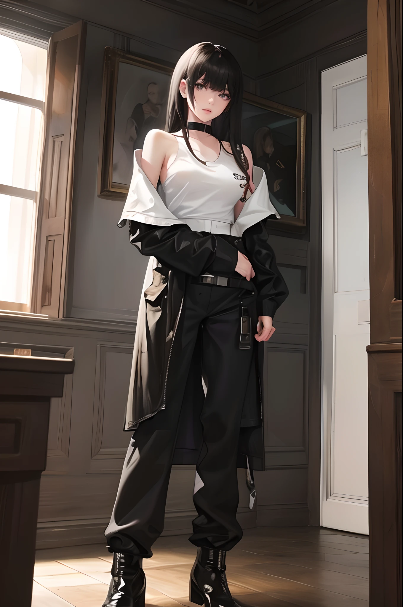 (highest resolution, distinct_image) The best quality, a woman, full body tattoos, masterpiece, highly detailed, semi realistic, black short hair, black hair, bangs, 21 years old, shoulder length hair, mature, young, black clothing, black uniform, without military uniform, fully naked body, military academy, beautiful, heroic, heroic, indoor background, delicate and delicate facial features