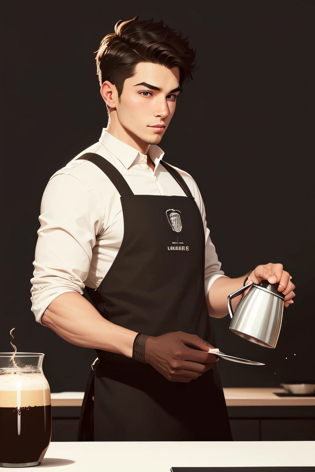 flatillustration，line art，minimize，A male barista makes coffee，Black line，Brown highlight，white backgrounid