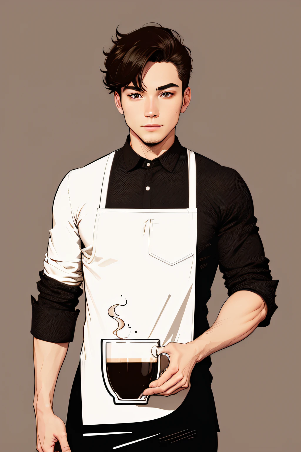 flatillustration,line art,minimize,A male barista makes coffee,Black line,Brown highlight,white backgrounid