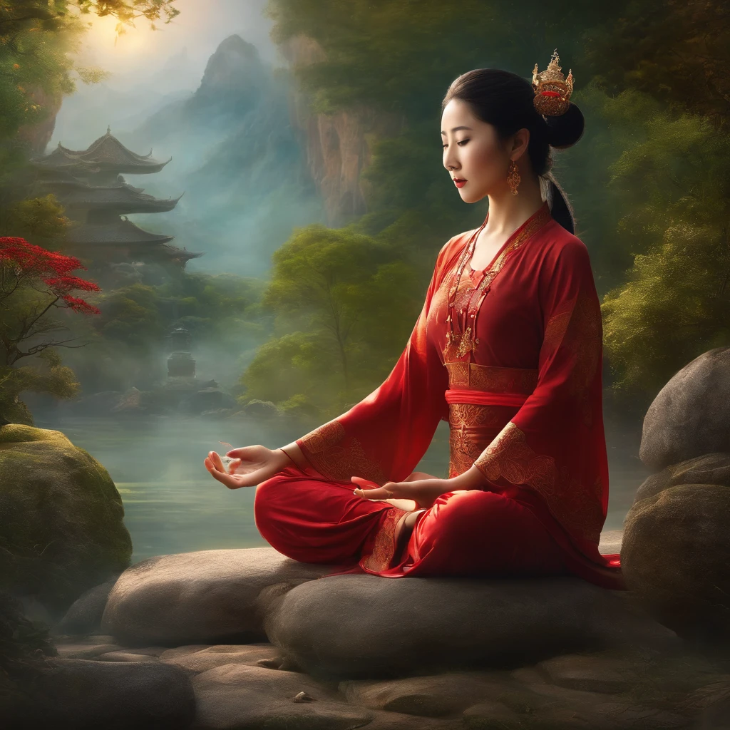 (harmony, balance, yin-yang), Chinese silk painting, Tai Chi principles, fluid motion, interconnected elements, the interplay of contrasting forces, Daoist philosophy, a touch of the I Ching, warm and cool color palette, reflective art, inspired by Laozi, Zhuangzi, Yin Yang diagrams, Taijitu, the Bagua, the fusion of the spiritual and the physical,1girl,solo, grabbing breasts,, daoist, summon magic, cinematic lighting, fire and ice split, bagua background, circular bagua, yi yang, daoist practice, mediation sit, buddha sit, spiral loong, cloud loong at the top,