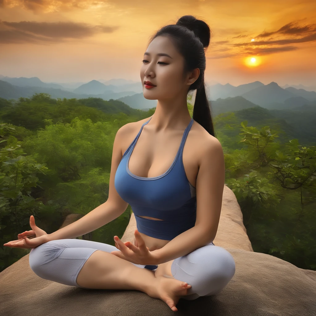 a chinese and beautiful women,Wear yoga clothing,Sit on a stone and meditate, at centre,cosmic energy,Particle light,Bright colors,Art germ,,Visual harmony, Mysterious mechanics, Queen's seat