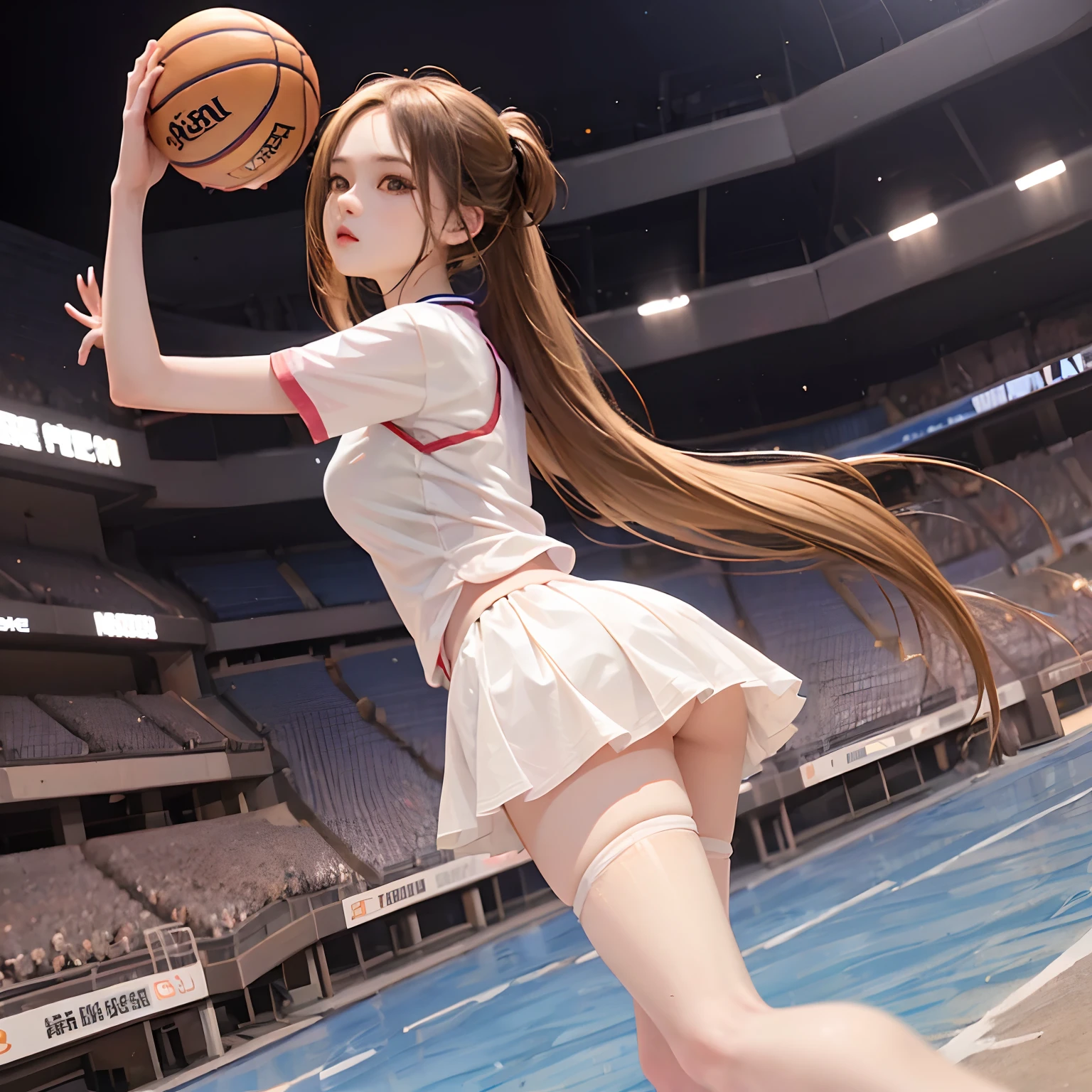 1 girl standing, wearing basket ball shirt, very detail, realistic, holding ball, 27 years old, long hair