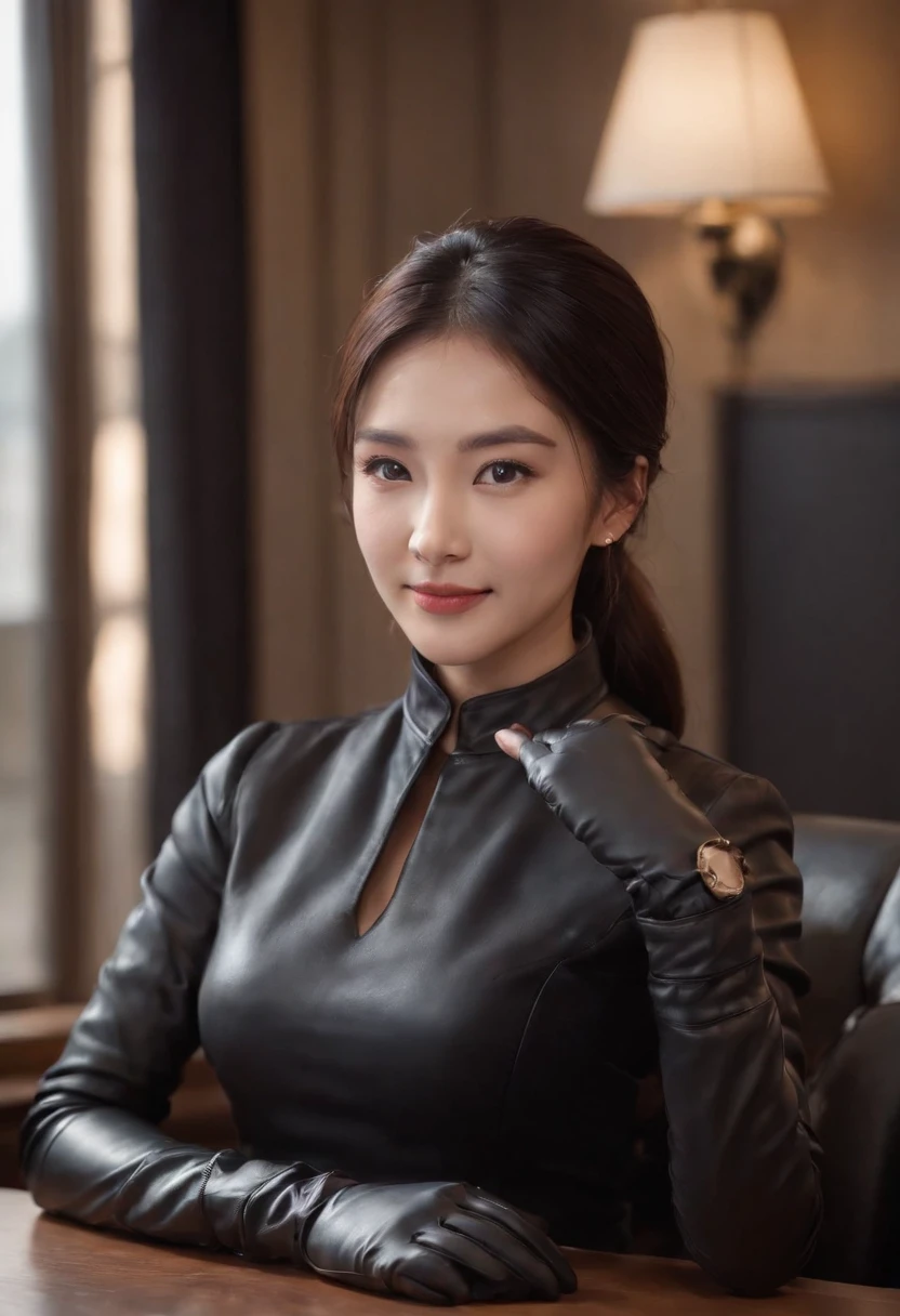Wearing black leather gloves on both hands, Upper body, Black business suit, Facing the desk in my room with a computer in the dark, Look down and smile, Use a fountain pen to write a letter, Black hair was tied back for a long time, Female new employee with a Japan who is still young and very cute (Black leather gloves cover both hands)Gentle smile looking at the camera、Black leather gloves to do the job