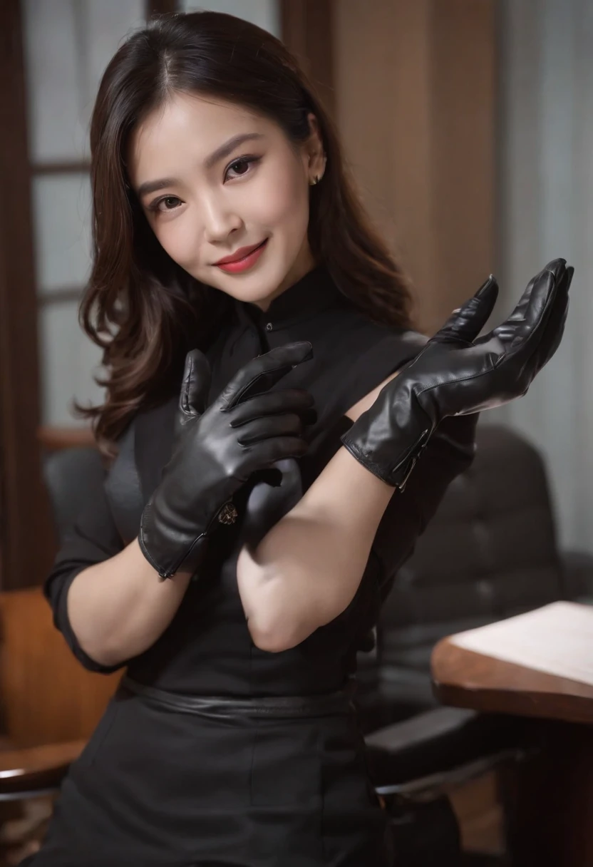 Wearing black leather gloves on both hands, Upper body, Black business suit, Facing the desk in my room with a computer in the dark, Look down and smile, Use a fountain pen to write a letter, Black hair was tied back for a long time, Female new employee with a Japan who is still young and very cute (Black leather gloves cover both hands)Gentle smile looking at the camera、Black leather gloves to do the job