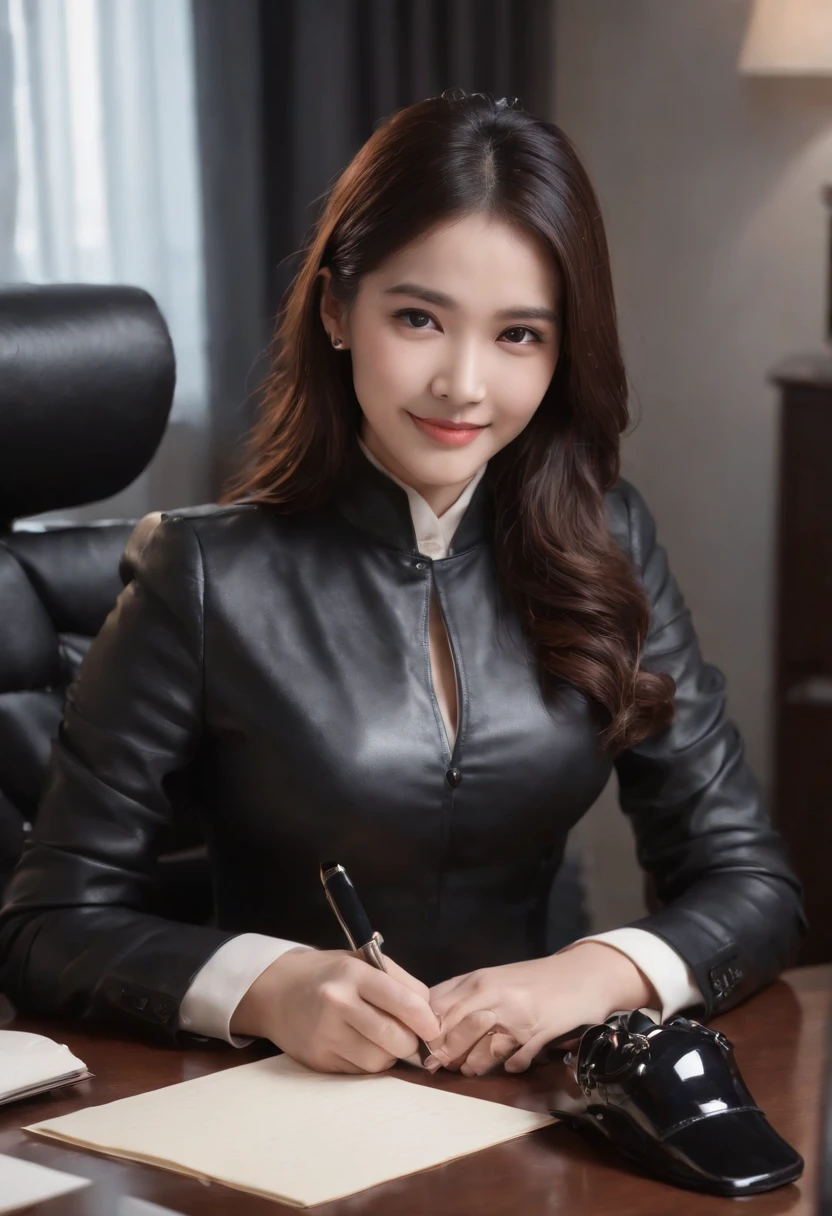 Wearing black leather gloves on both hands, Upper body, Black business suit, Facing the desk in my room with a computer in the dark, Look down and smile, Use a fountain pen to write a letter, Black hair was tied back for a long time, Female new employee with a Japan who is still young and very cute (Black leather gloves cover both hands)Gentle smile looking at the camera、Black leather gloves to do the job