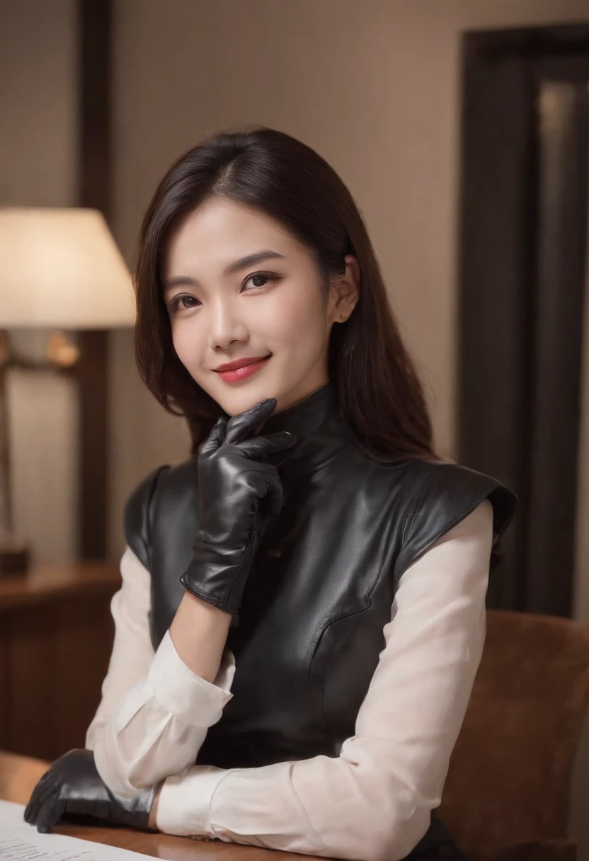 Wearing black leather gloves on both hands, Upper body, Black business suit, Facing the desk in my room with a computer in the dark, Look down and smile, Use a fountain pen to write a letter, Black hair was tied back for a long time, Female new employee with a Japan who is still young and very cute (Black leather gloves cover both hands)Gentle smile looking at the camera、Black leather gloves to do the job