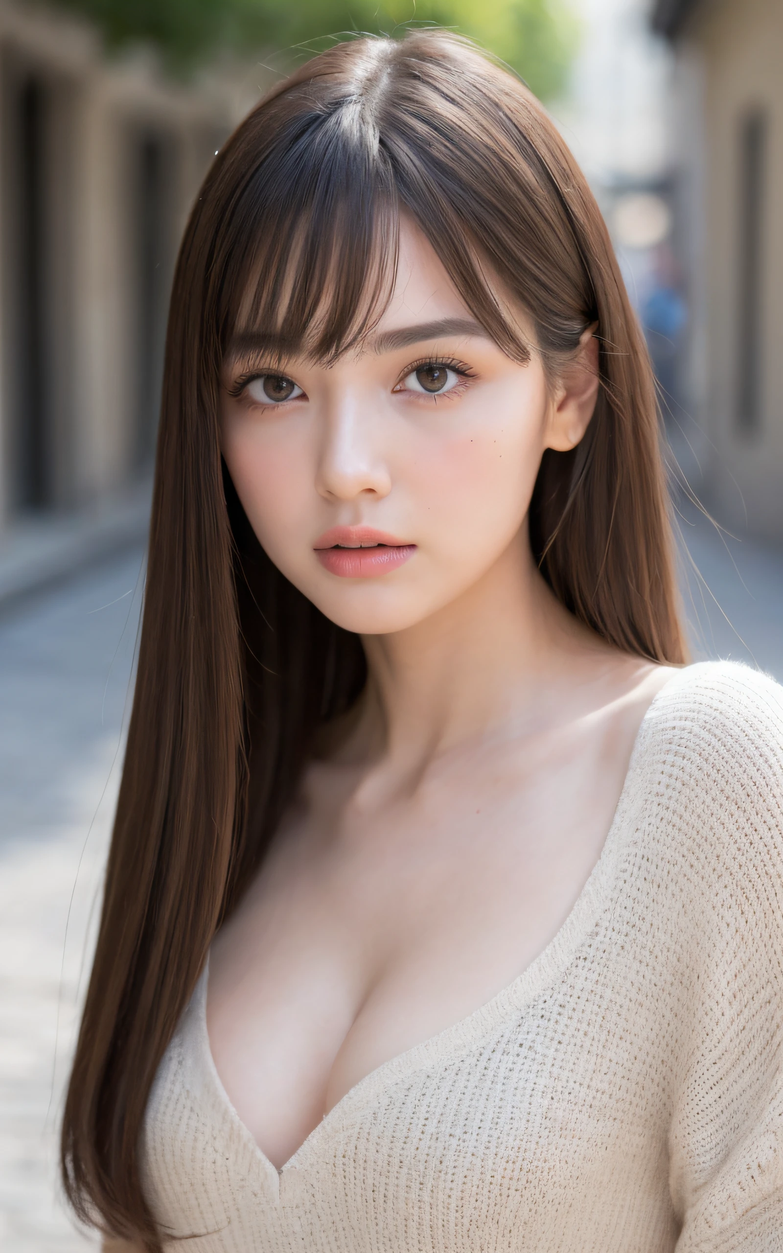 of the highest quality, Realistic, Perfect human body structure, Very detailed, Very delicate and beautiful, Raw photography, Charming European cobblestone streets in a historic town, Professional Lighting, Luminescent, depth of fields, Single focal length, ((Full body)), sad, Brown hair, small head, Big breasts, Baby face, Beautiful eyes, Real Face, Realistic skin, Detailed eyes, (Fashionable hairstyle: 1.3), bangs, gravure idol, absurderes、Incredibly Ridiculous res、Extremely fine,