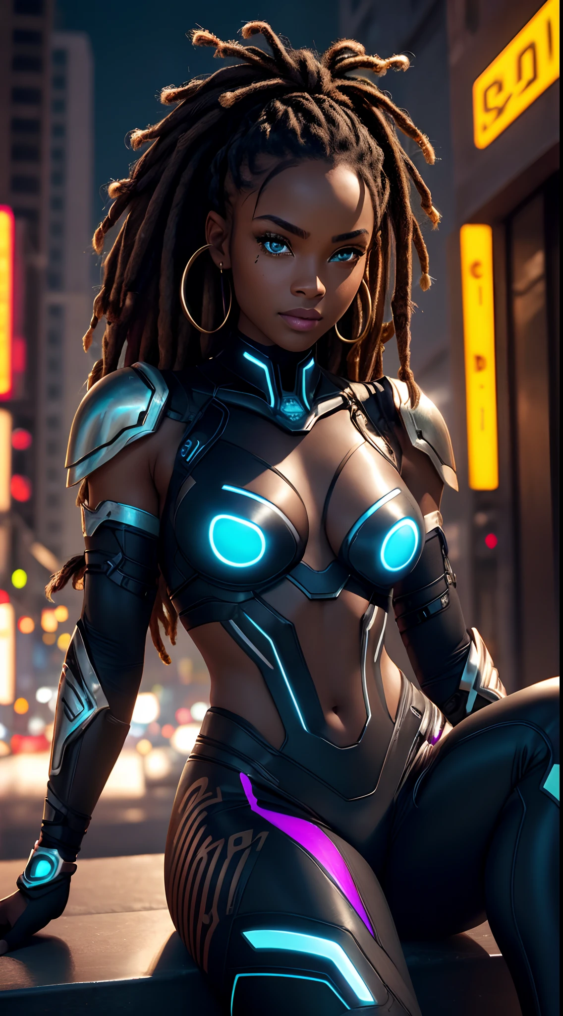 In a Cinematic Photography style, 1girl, Dark ebony skin with a nano-infused shimmer, Deep hazel eyes with electric blue flickers, cyber-enhanced vision, Dreadlocks with metallic and neon highlights, neural interface, Thick, muscular, yet sculpted, Cybernetic right arm and legs, neon tattoos that glow when activated, Exotic translucent and metallic armor, neon trims, adaptive fit, looking directly at the camera, (Realistic skin texture: 1.1), seduction, thick body, perfect body, highly detailed, 8K resolution, ultra realistic, Gothic, fantasy, Divine, Clean, Rich, prestige, Fantastic, supreme, apex, Supreme, Goddess, uncropped, (8k, Best Quality, Cinematic Masterpiece: 1.2), (Realistic, Photorealistic: 1.37), Super Detailed, 1 Girl, Cute, Alone, Night, Sitting, Date, ( Nose blush), (smile: 1.15), (close mouth) small breasts, beautiful details, (no shirt: 1.1), night, (Dreadlocks with metallic and neon highlights: 1.2), floating Hair NovaFrogStyle, centered, forward facing.