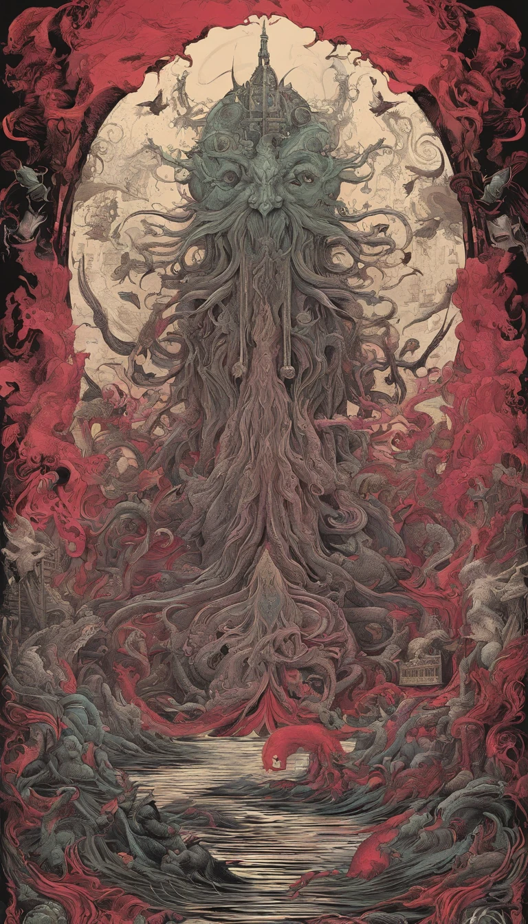 From the depths he emerges, devil, 
The Cthulhu's Parade in crimson hues.
Whispers of the otherworldly echo,
A festival where madness and beauty fuse.

In the night sky adorned with abyssal splendor,
Feathers stained with blood dance and soar.
Entwined by threads of fate,
The deranged revel in ecstasy's roar.

Oh mighty Cthulhu, ruler of the depths,
In our pursuit of desires so forlorn,
We embark on a path of madness and despair,
Guided by the disciples of the one we adorn.

On the grand boulevard, grotesque forms stride,
Where terror and beauty intertwine.
In the realm betwixt dreams and nightmares,
We surrender ourselves to euphoria's shrine.

Praise his name, the great Cthulhu,
Monarch of the abyss, the wellspring of our insanity.
In this eternal procession's stage,
We celebrate the coming of the world's calamity.
