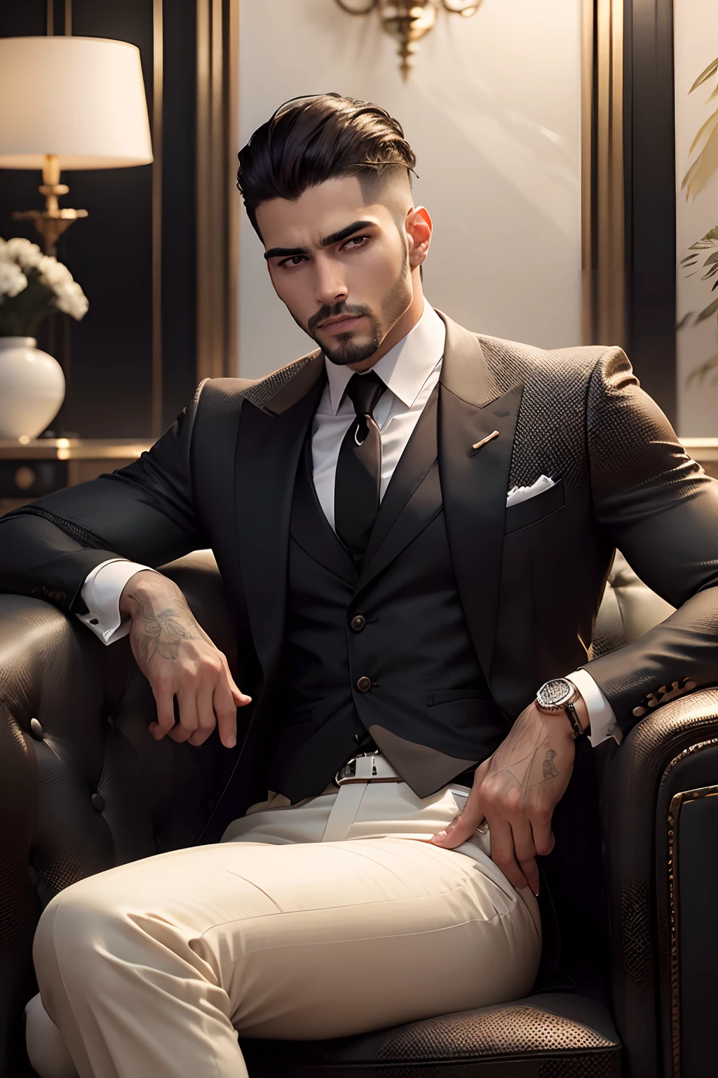 Personaje sentado en una silla con el brazo levantado, cabello OSCURO (Cabellocorto), Buena pose, Hombre guapo, cara bonita, Pose real elegante, Hombre de negocios latino, (En un blazer a rayas), (The surrounding environment is a luxurious and classic living room) (Imagen de tono arena)