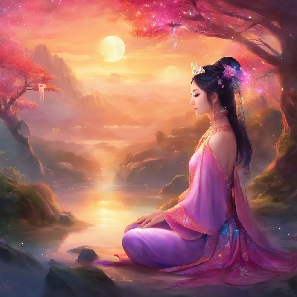 a chinese and beautiful women,Wear yoga clothing,Sit on a stone and meditate, at centre,cosmic energy,Particle light,Bright colors,Art germ,,Visual harmony, Mysterious mechanism, The Queen's seat