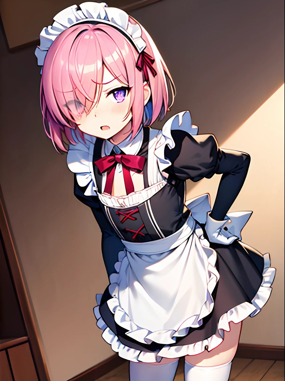 highest quality、masterpiece、((1 girl:1.5))、((smile:1.3))、(blush:1.4)、Black Shirt、blouse、((fun!!))、(Small breasts)、(Pink)、Blonde、(Long sleeve)、((White apron:1.5))、((Maid))、((hair ornaments)),、Kamimei、look at me、 ((in house:1.5))、 Taking a break from watching the audience、Cowboy Shot、((Shaved:1.5))、(Roll-up skirt:1.3)、(Fully exposed and highly detailed labia:1.5)、((Skirt lift:1.5)),()、()、、(スカート that rolls up:1.3)、()、Light blue eyes、long hair、Glowing Eyes