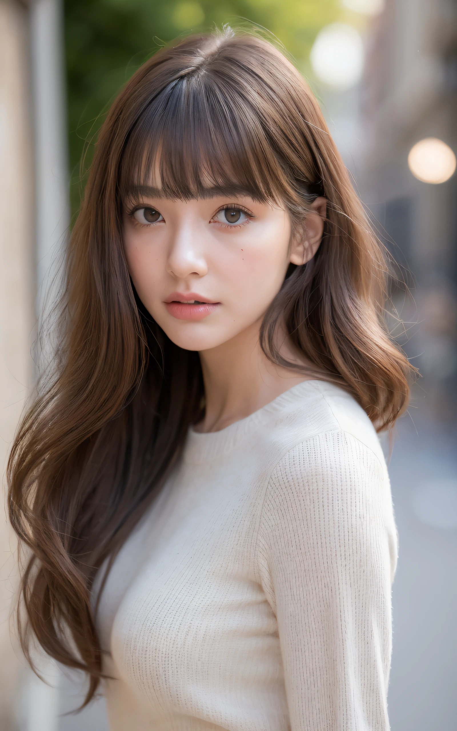 of the highest quality, Realistic, Perfect human body structure, Very detailed, Very delicate and beautiful, Raw photography, Charming European cobblestone streets in a historic town, Professional Lighting, Luminescent, depth of fields, Single focal length, ((Full body)), sad, Brown hair, small head, Big breasts, Baby face, Beautiful eyes, Real Face, Realistic skin, Detailed eyes, (Fashionable hairstyle: 1.3), bangs, gravure idol, absurderes、Incredibly Ridiculous res、Extremely fine,