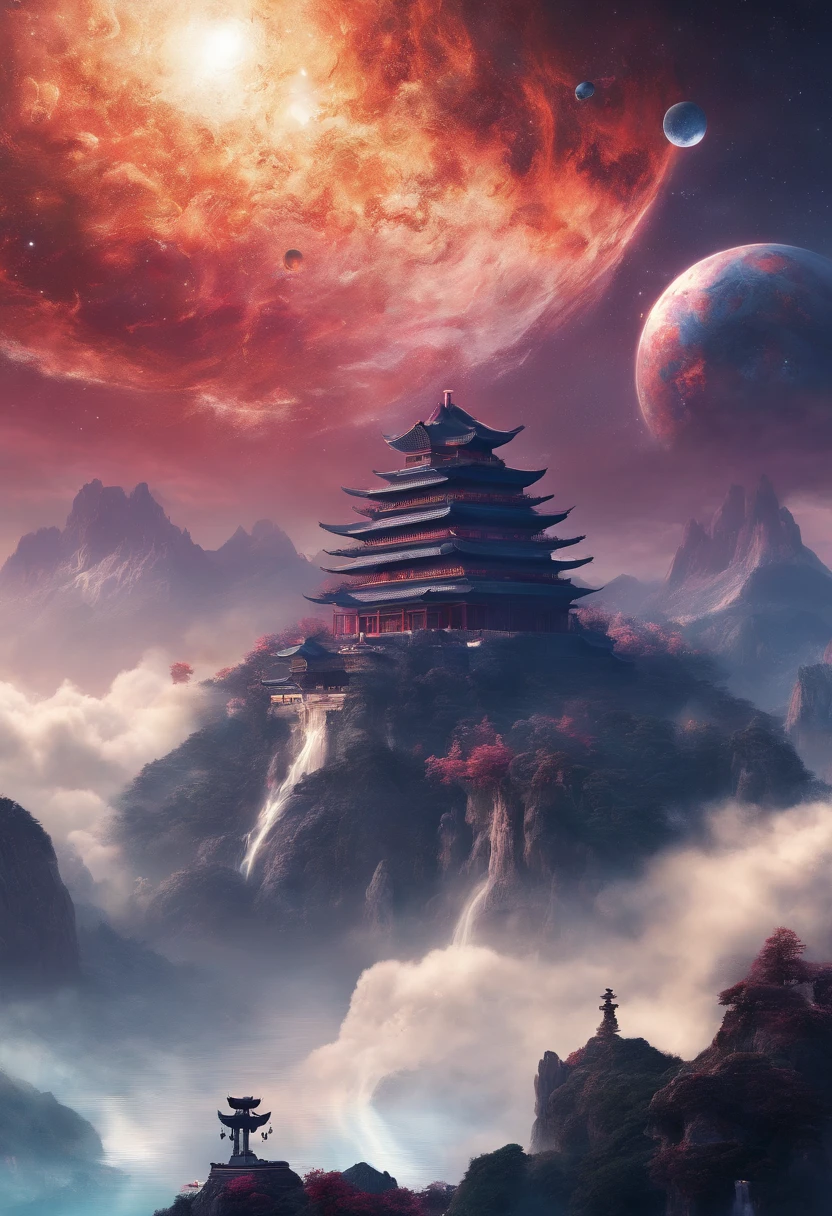 Chinese palace of the Tang Dynasty, in wonderland, surrounded by cloud, Far perspective, 。.。.3D, China-style, Reddish yellow tones。8K, High detail, Chiaroscuro, Depth of field, god light, stereograms, hyper HD, hyper HD, Textured skin, High details --auto