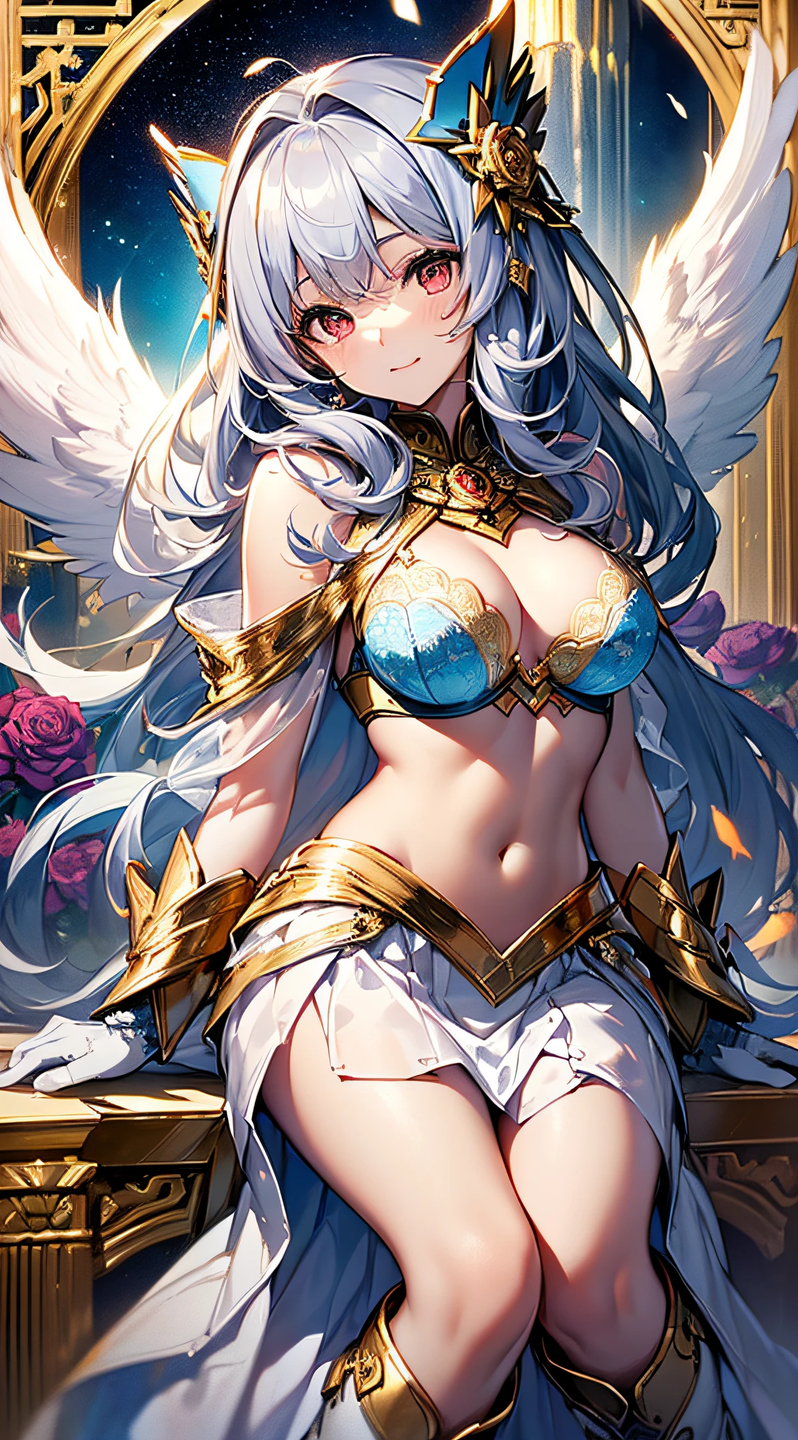 top-quality、Top image quality、​masterpiece、girl with((18year old、Bright clothes、White bra、white dres、Gold Skirt、 Best Bust、Bust 90、Long silver hair、Red eyes、open chest wide、Valley、Happiness、A slender、Angelic face、Aura of Light、Cosmic wings、Angel Boots、GOLD accessory、White rose hair fastening)）hiquality、Beautiful Art、Background with((Clear sky、Gold light pours in、Blue thunder、Many Angels、Shining House))、masutepiece、Elaborate design、visualart、