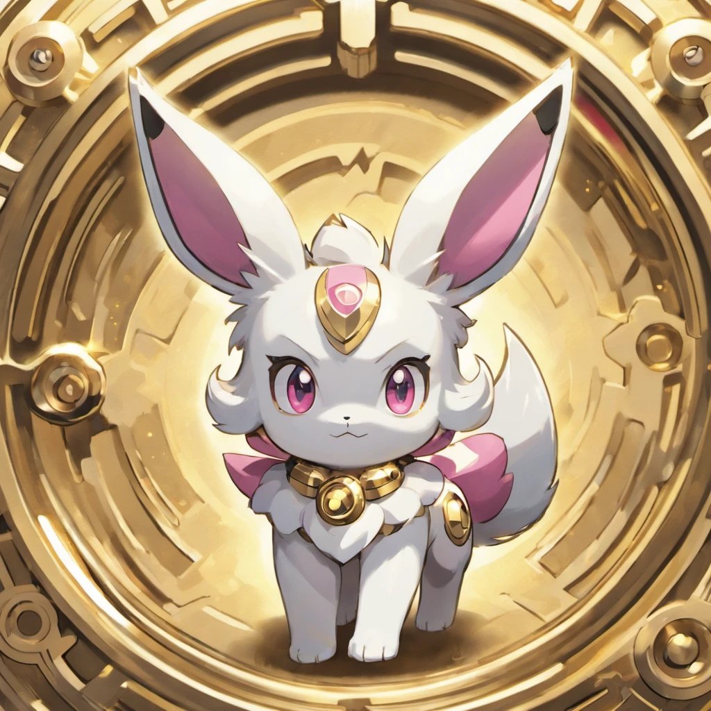 Eevee, white and silver, gold wave stripes, gears, pink eyes surrounded by gold metal, mecha, masterpiece, best quality
