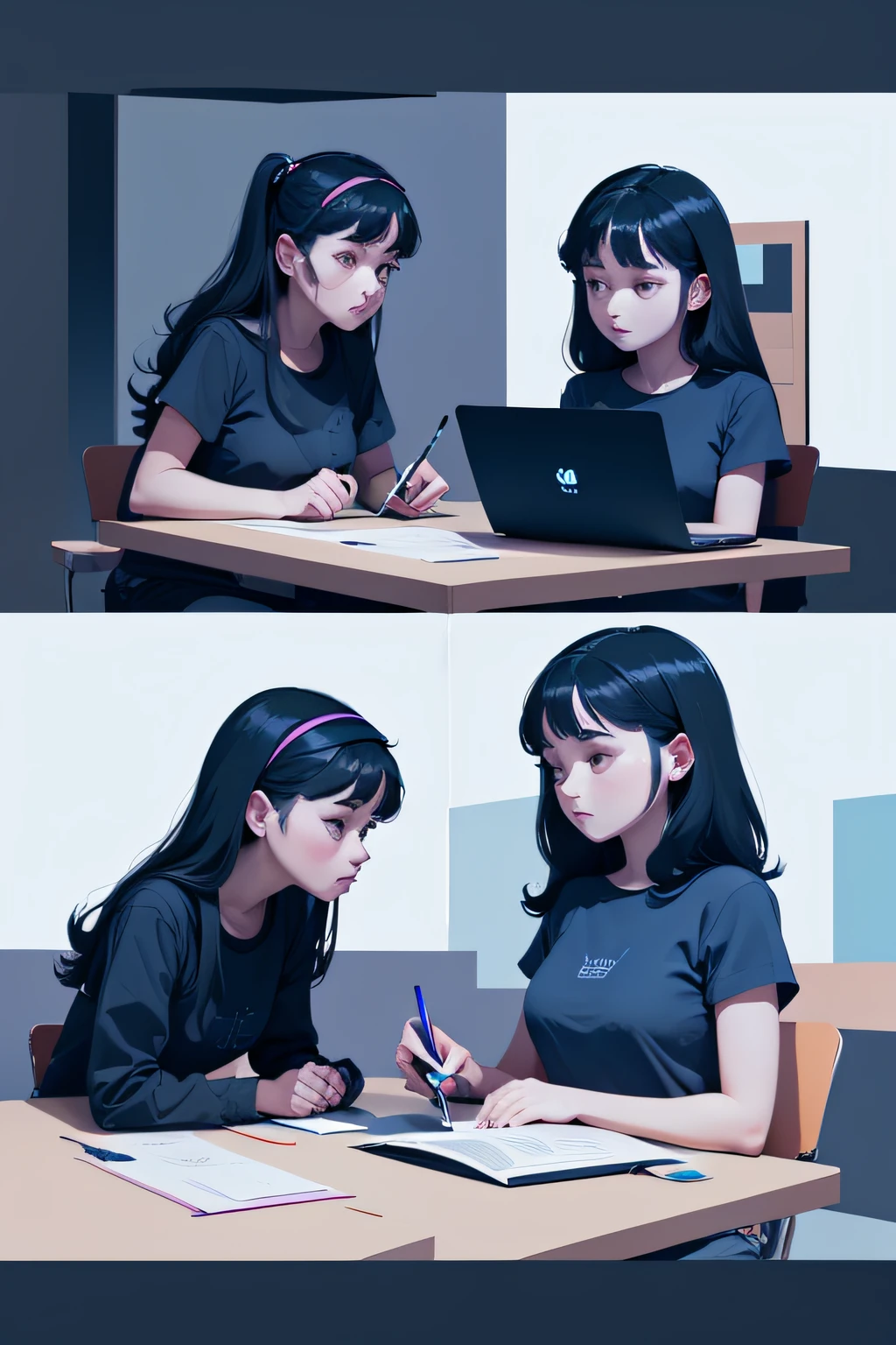 Flat illustration of people working on a laptop, with painting and writing tools, interactive experiences, innovative design aesthetics, dark sky-blue, light navy and violet --v 5.2