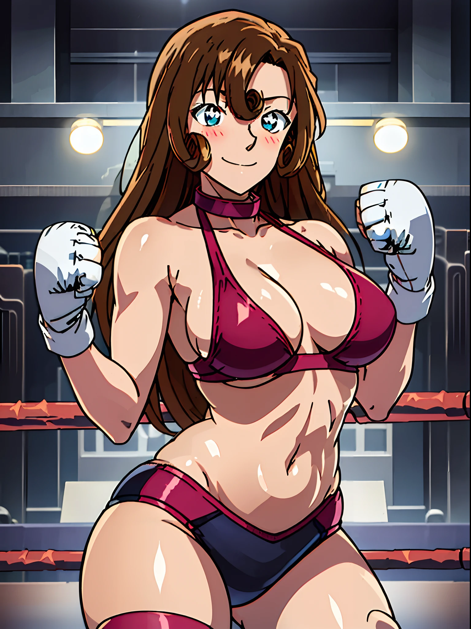 front view, cowboy shot, ultra detailed face, best quality, anime style, hires, highest definition, digital blending, bold drawing lines, ((weak body, female wrestler), (slender body), mature woman, milf, (wrestling gear, collar band), victorious, gorgeous, winner, not blushing, confident face, smile, (closed mouth), (pale skin, shiny skin, lighting and shadow), (cleavage), (clean face), (warming up), closed fists, (brown, curly hair, long hair, curly bangs), 37 years old,