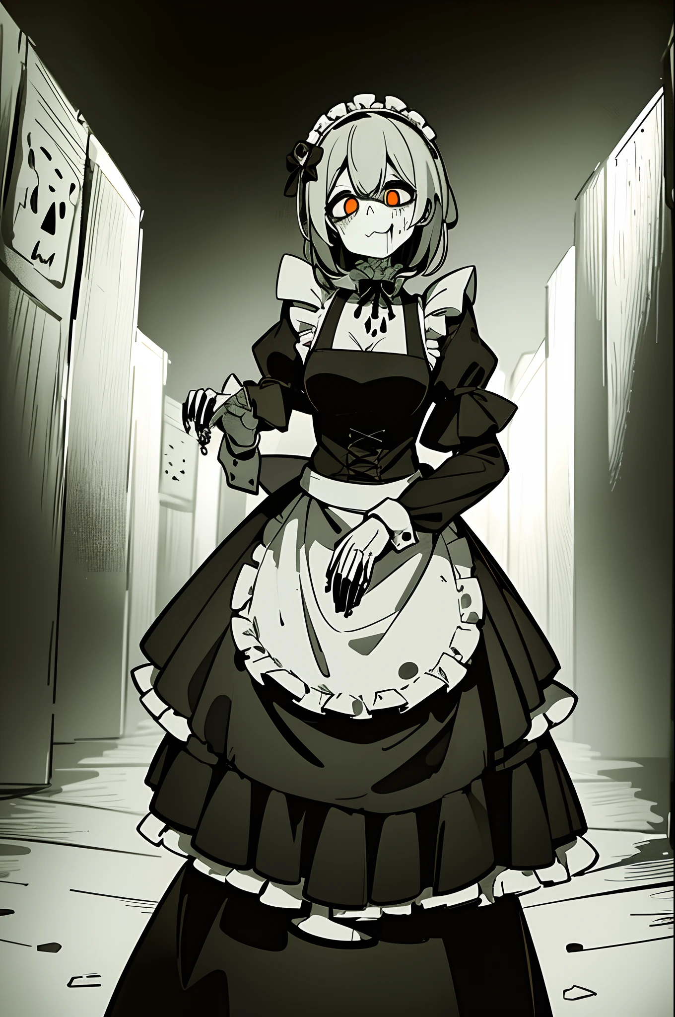 Create a 64k image of a zombie skeleton woman, dressed as a maid, in a macabre graveyard at night.