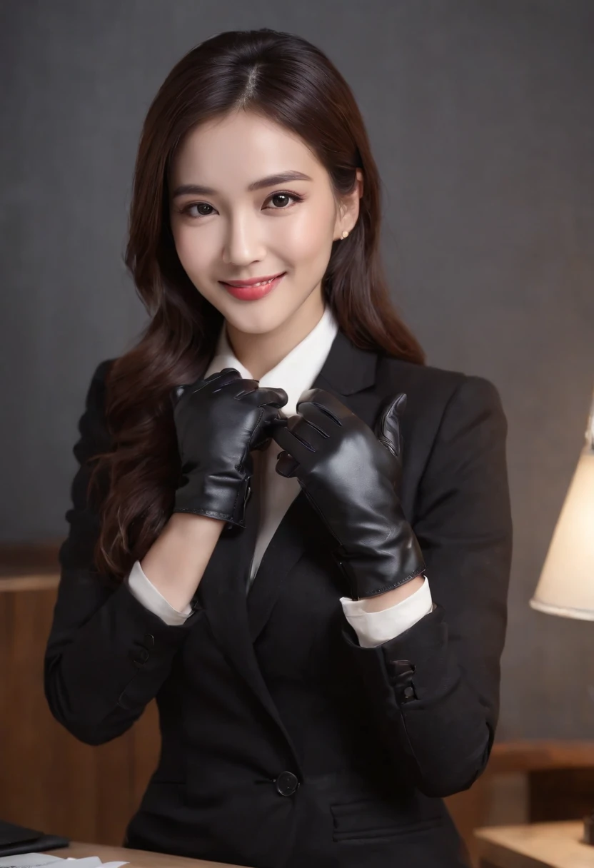 Wearing black leather gloves on both hands, Upper body, Black business suit, Facing the desk in my room with a computer in the dark, Look down and smile, Use a fountain pen to write a letter, Black hair was tied back for a long time, Female new employee with a Japan who is still young and very cute (Black leather gloves cover both hands)Gentle smile looking at the camera、Wearing black leather gloves on both hands to work