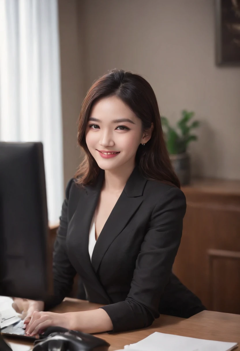 Wearing black leather gloves on both hands, Upper body, Black business suit, Facing the desk in my room with a computer in the dark, Look down and smile, Use a fountain pen to write a letter, Black hair was tied back for a long time, Female new employee with a Japan who is still young and very cute (Black leather gloves cover both hands)Gentle smile looking at the camera、Wearing black leather gloves on both hands to work