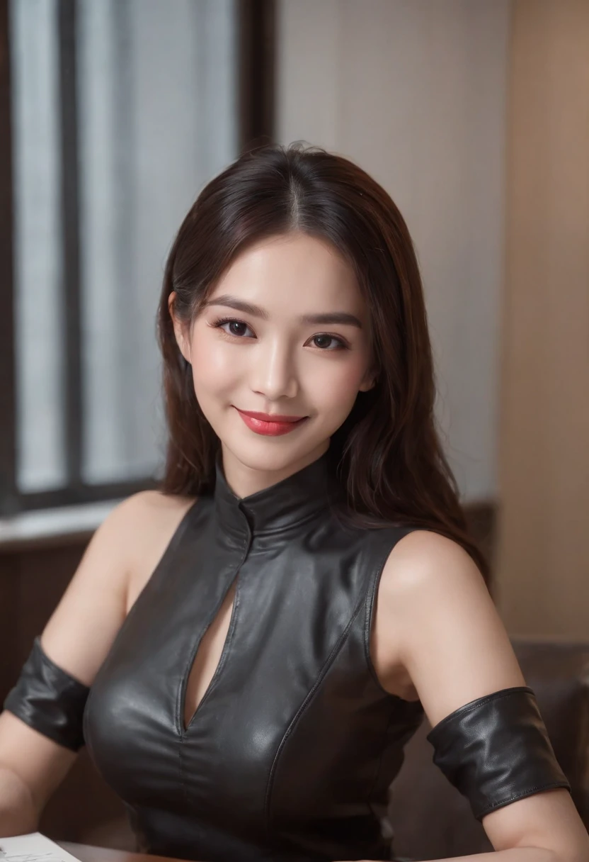 Wearing black leather gloves on both hands, Upper body, Black business suit, Facing the desk in my room with a computer in the dark, Look down and smile, Use a fountain pen to write a letter, Black hair was tied back for a long time, Female new employee with a Japan who is still young and very cute (Black leather gloves cover both hands)Gentle smile looking at the camera、Wearing black leather gloves on both hands to work