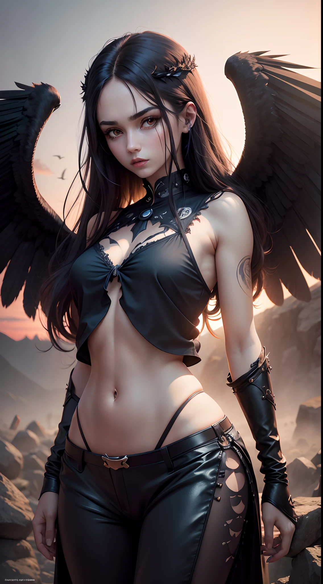 Masterpiece, Best Quality, filmstill, 1girl, monstergirl, Crow Woman, full - body, Portrait, Detailed (eyes), Long (Hair), the perfect body, proportional body, crow|Raven Wings, A Deep Look, wearing (Top & Pants), a closeup of a, Cool soft lighting, Sunset, (aura:0.7)