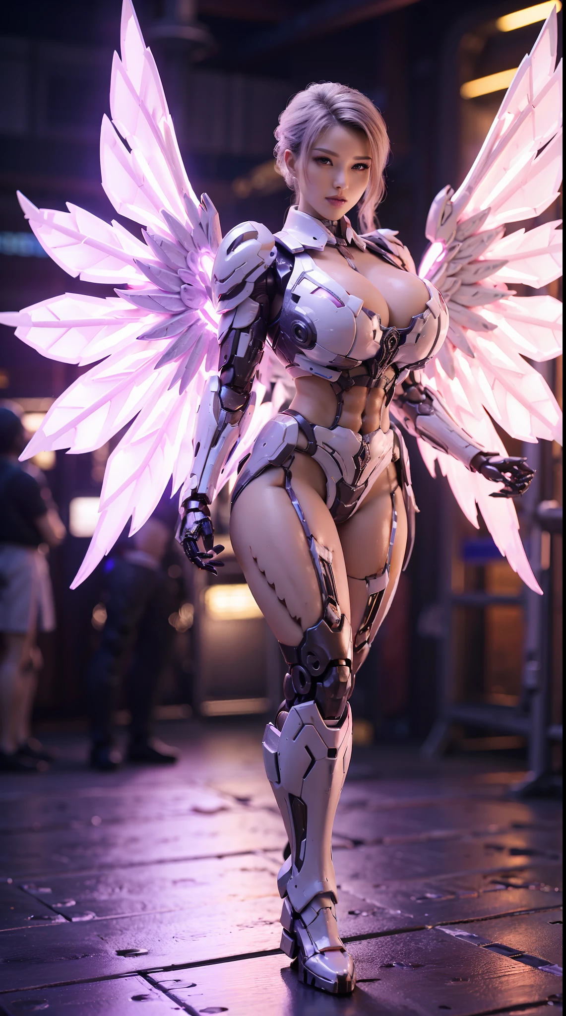 HUGE FAKE BOOBS, PONYTAIL, (BEAUTY PURPLE, WHITE), SEXY MECHA ARMOR, (CROP TOP), FUTURISTIC MECHA SUIT, (CLEAVAGE), ((LARGEST MECHANICAL HAWK BOTH WINGS)), (TALL LEGS), (STANDING), SEXY BODY, MUSCLE ABS, UHD, 8K, 1080P.