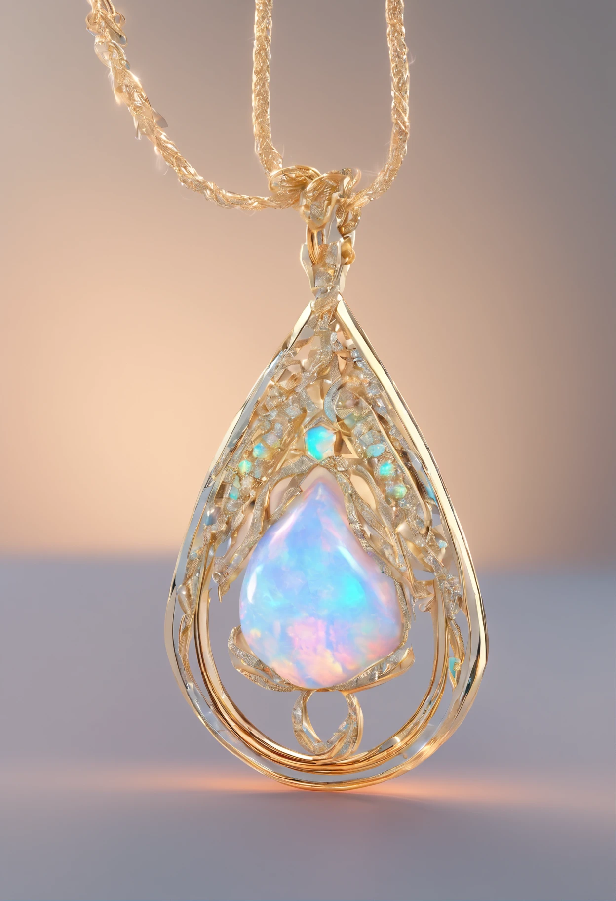 Unique wire-wrapped opal pendant,White isolation leather rope, Award-winning studio photography, Professional color grading, Soft shadows, no contrast, clean sharp focus, focus stacking, Digital photography, 8K