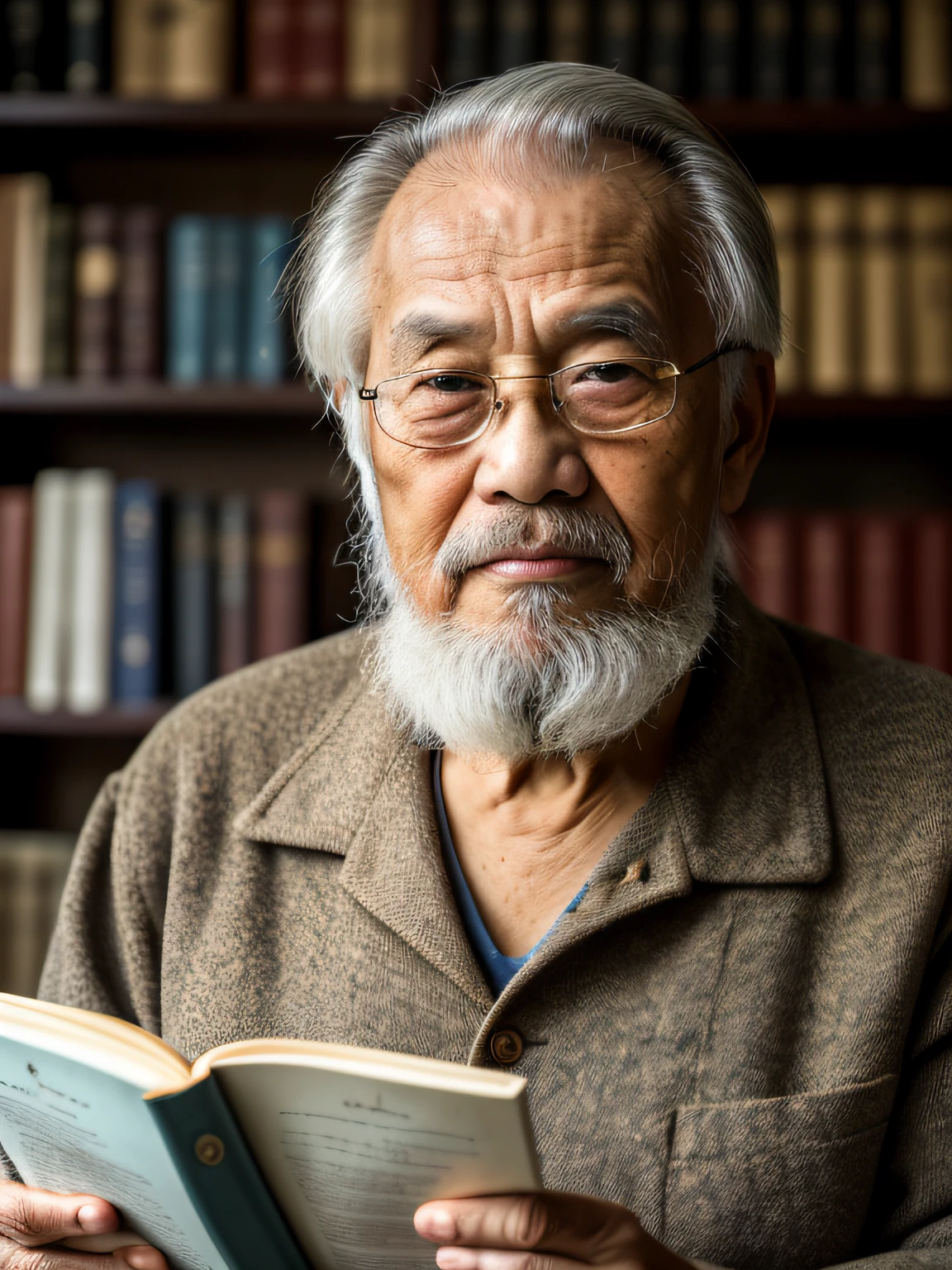 Hyper-Resolution, Ultra photo realsisim, cinema shot, Vignette, Portrait of an 80-year-old Asian man,Look at the viewer,An old beggar,Books in hand,Spiritual elderly,Single image,Thin and thin, Old blue eyes, Short white hair, Bookshelf background,White Viking beard, Narrow face,dark-skin, Wide shoulders, Weathered by sunlight and water, Gold pattern royal twin peaks, The Royal Chambers camera is focused on the eye, High focal length, Bust photo,Faraway view,Digital SLR, Dark Studio, rim lit, twotonelighting, Dimly lit, low tune, Backlight,