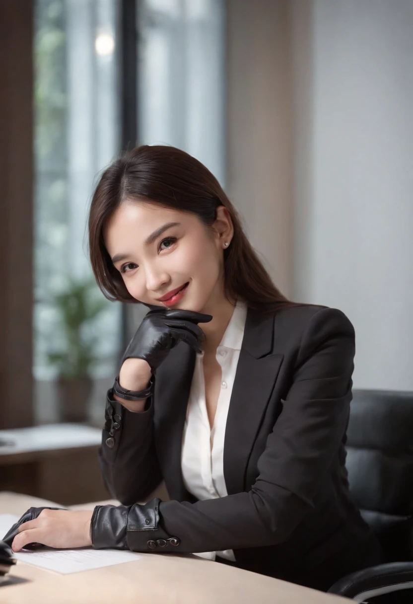 Wearing black leather gloves on both hands, Upper body, Black business suit, Facing the desk in my room with a computer in the dark, Look down and smile, Use a fountain pen to write a letter, Black hair was tied back for a long time, Female new employee with a Japan who is still young and very cute (Black leather gloves cover both hands)Gentle smile looking at the camera、Wearing black leather gloves with both hands to work