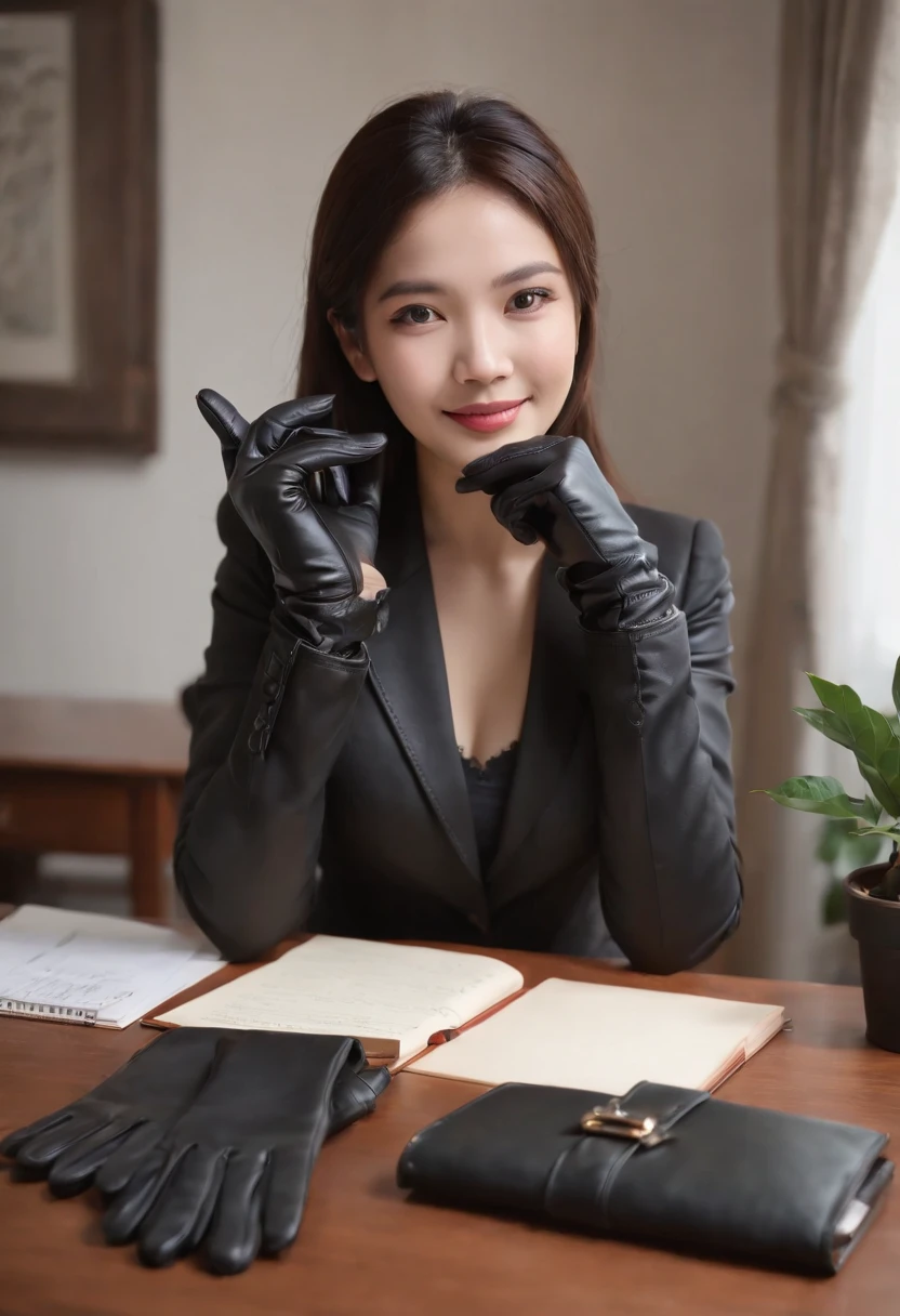 Wearing black leather gloves on both hands, Upper body, Black business suit, Facing the desk in my room with a computer in the dark, Look down and smile, Use a fountain pen to write a letter, Black hair was tied back for a long time, Female new employee with a Japan who is still young and very cute (Black leather gloves cover both hands)Gentle smile looking at the camera、Wearing black leather gloves with both hands to work