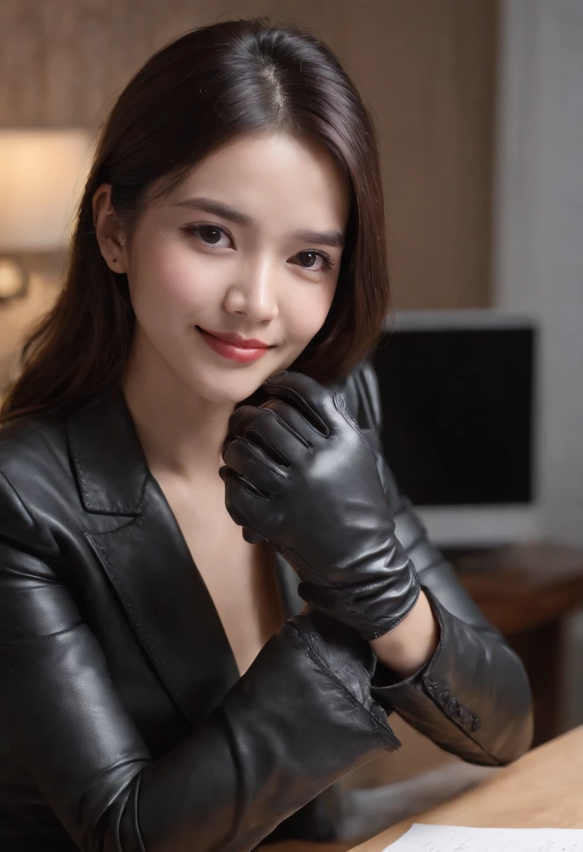 Wearing black leather gloves on both hands, Upper body, Black business suit, Facing the desk in my room with a computer in the dark, Look down and smile, Use a fountain pen to write a letter, Black hair was tied back for a long time, Female new employee with a Japan who is still young and very cute (Black leather gloves cover both hands)Gentle smile looking at the camera、Wearing black leather gloves with both hands to work