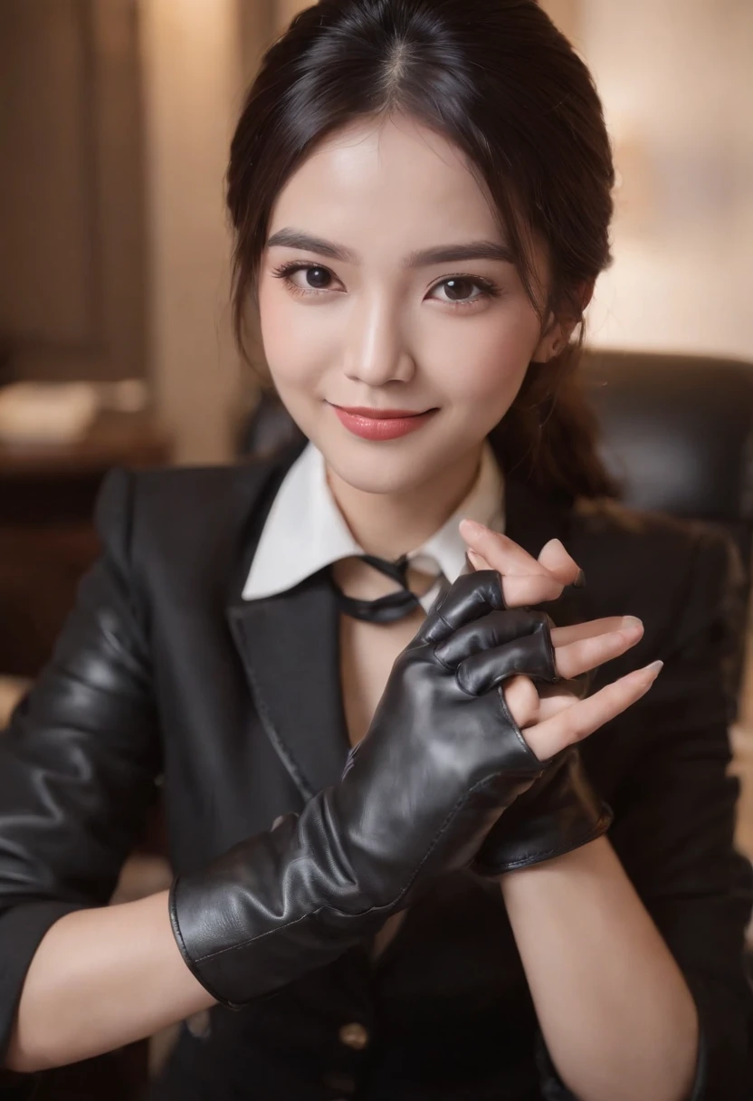 Wearing black leather gloves on both hands, Upper body, Black business suit, Facing the desk in my room with a computer in the dark, Look down and smile, Use a fountain pen to write a letter, Black hair was tied back for a long time, Female new employee with a Japan who is still young and very cute (Black leather gloves cover both hands)Gentle smile looking at the camera、Wearing black leather gloves with both hands to work